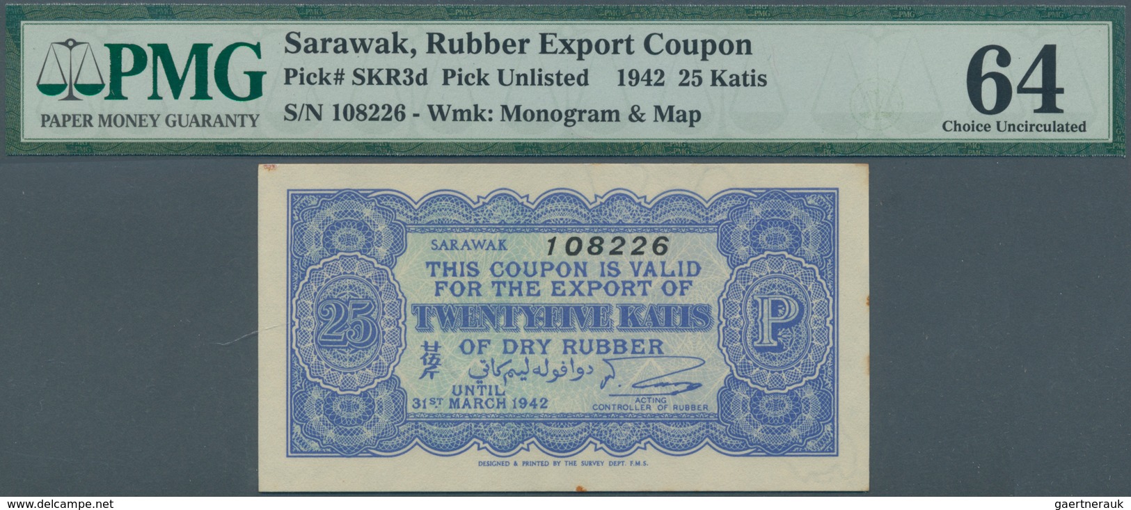 02299 Sarawak: 25 Katis Rubber Coupon 1941 P. NL, SKR 3d, In Condition: PMG Graded 64 Choice UNC. - Malesia