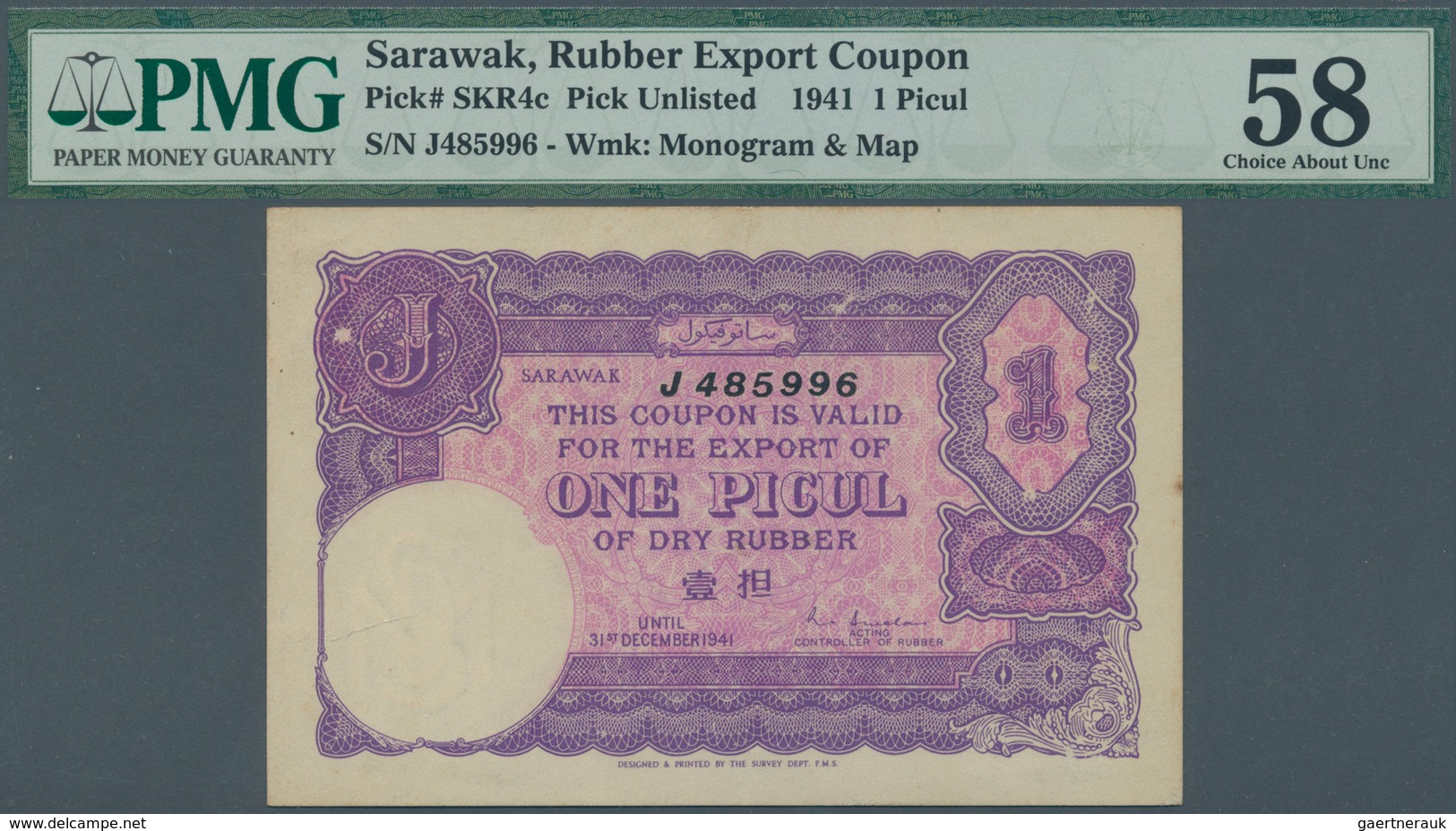 02300 Sarawak: 1 Picul Rubber Coupon 1941 P. NL, SKR 4c, In Condition: PMG Graded 58 Choice AUNC. - Malaysia