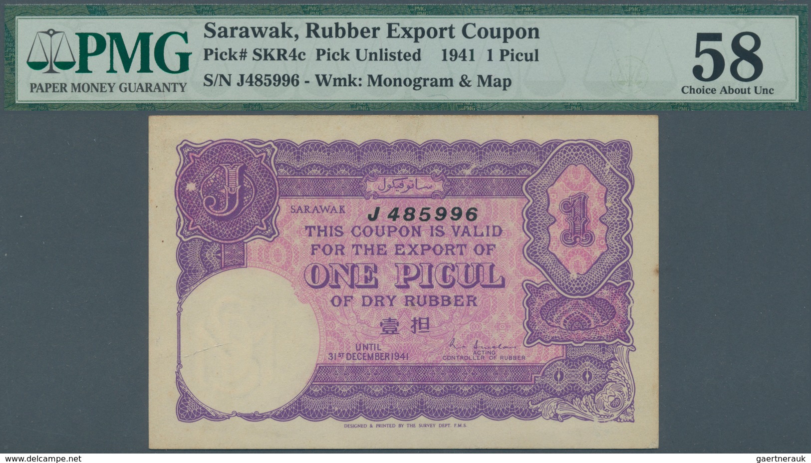 02300 Sarawak: 1 Picul Rubber Coupon 1941 P. NL, SKR 4c, In Condition: PMG Graded 58 Choice AUNC. - Malasia