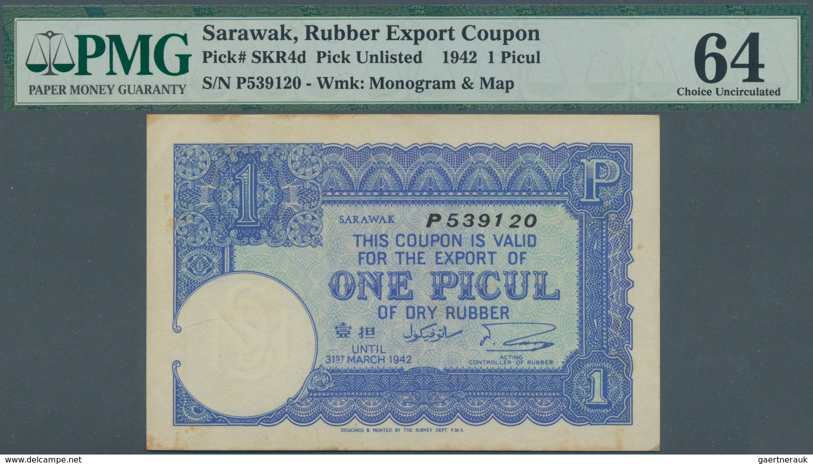 02301 Sarawak: 1 Picul Rubber Coupon 1941 P. NL, SKR 4d, In Condition: PMG Graded 64 Choice UNC. - Malesia