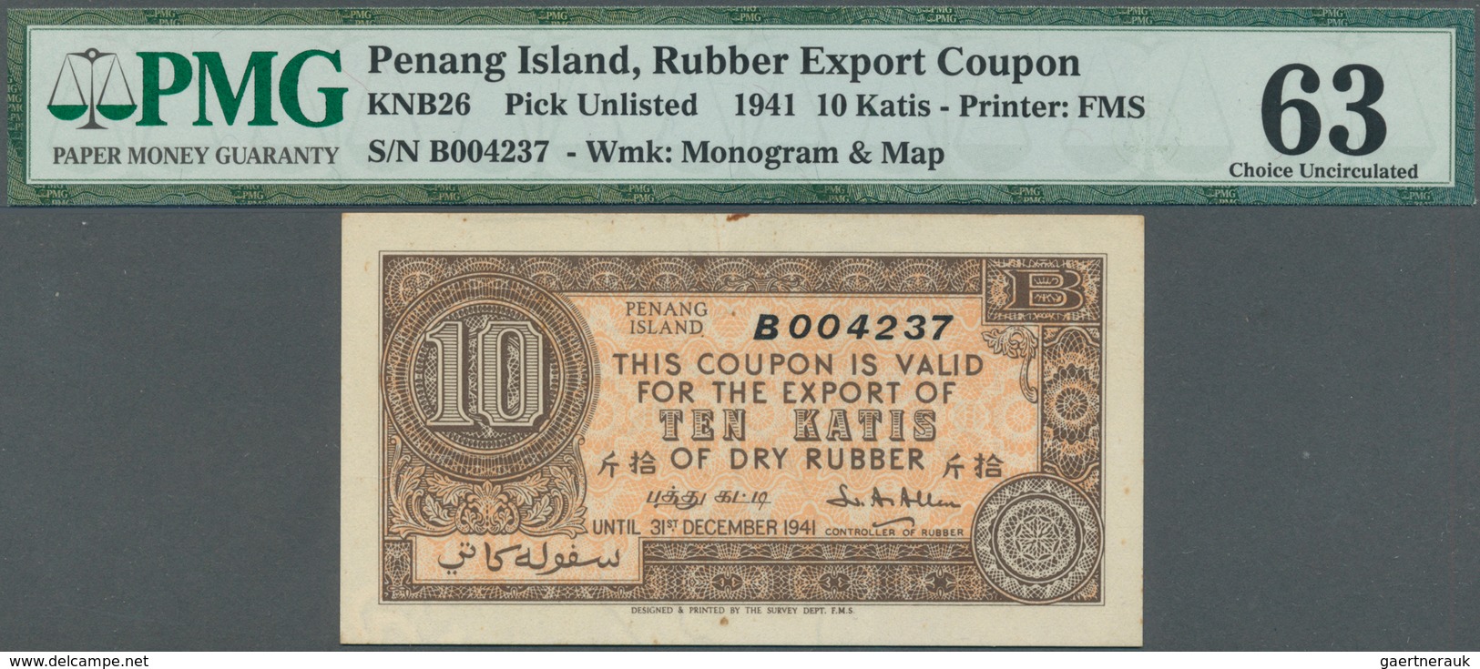 02302 Sarawak: Penang Island, 25 Katis Export Coupon 1941 P. NL, KNB26, In Condition: PMG Graded 63 Choice - Malasia
