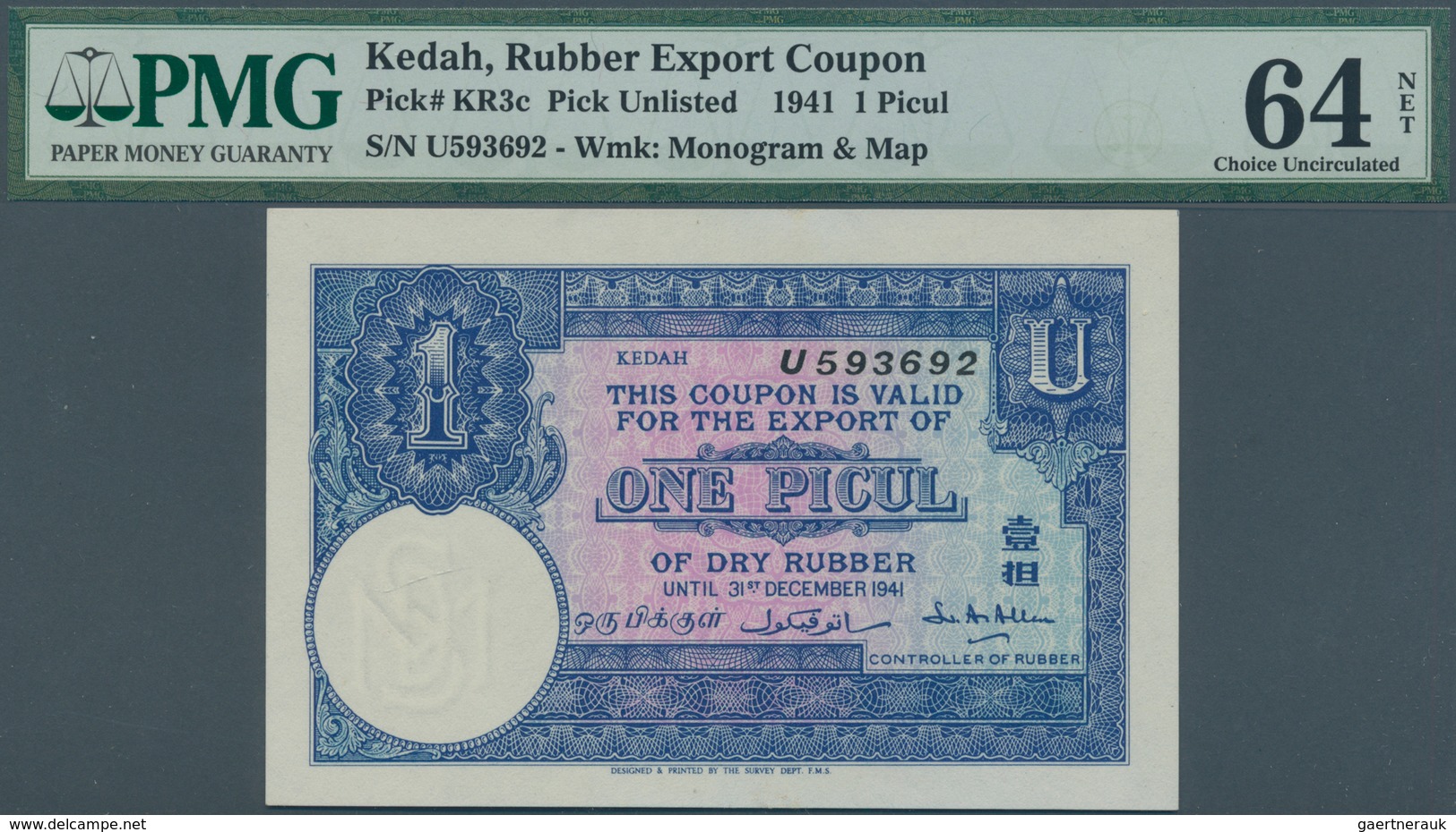 02303 Sarawak: Kedah, Rubber Export Coupon, 1 Picul 1941 P. NL, KR3c, Condition: PMG Graded 64 Choice UNC - Malaysia