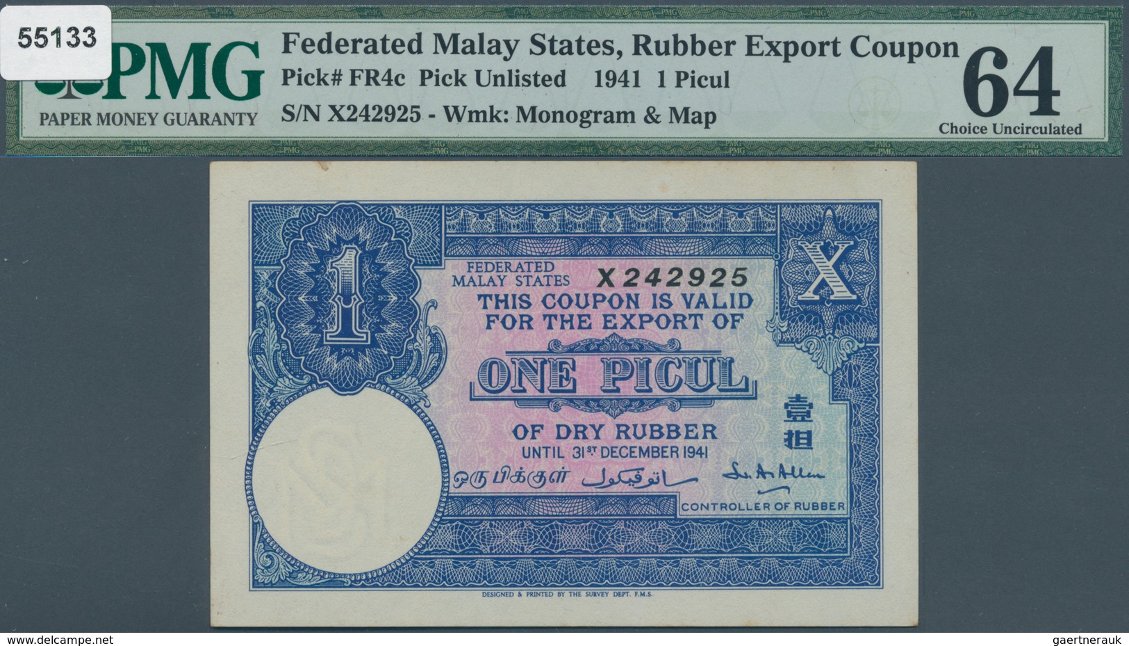 02304 Sarawak: Federated Malay States, Rubber Export Coupon, 1 Picul 1941 P. NL, FR4c, In Condition: PMG G - Maleisië