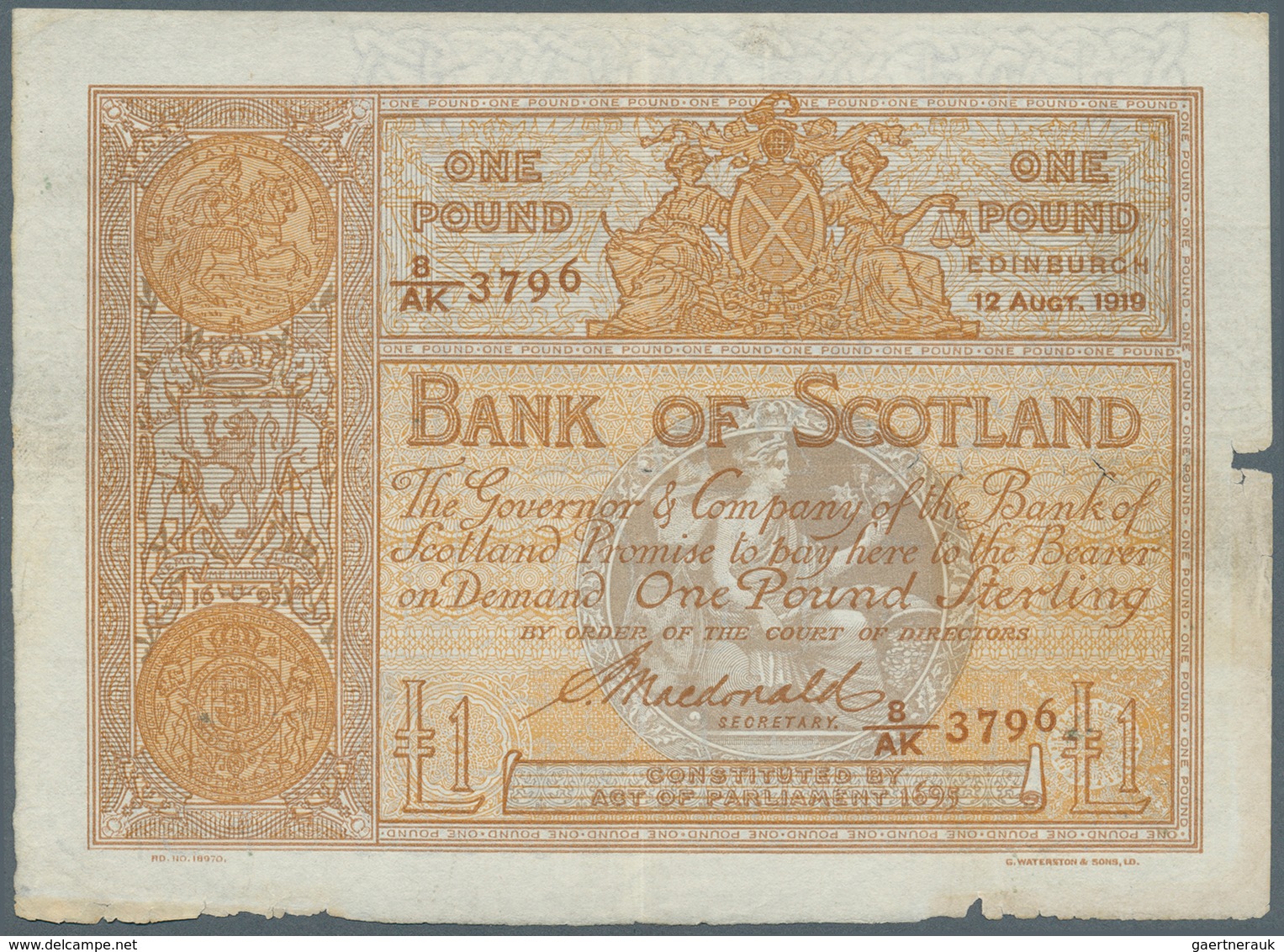 02309 Scotland / Schottland: 1 Pound 1919 P. 81c, Seldom Seen Note, Horizontally And Vertically Folded, Sm - Autres & Non Classés