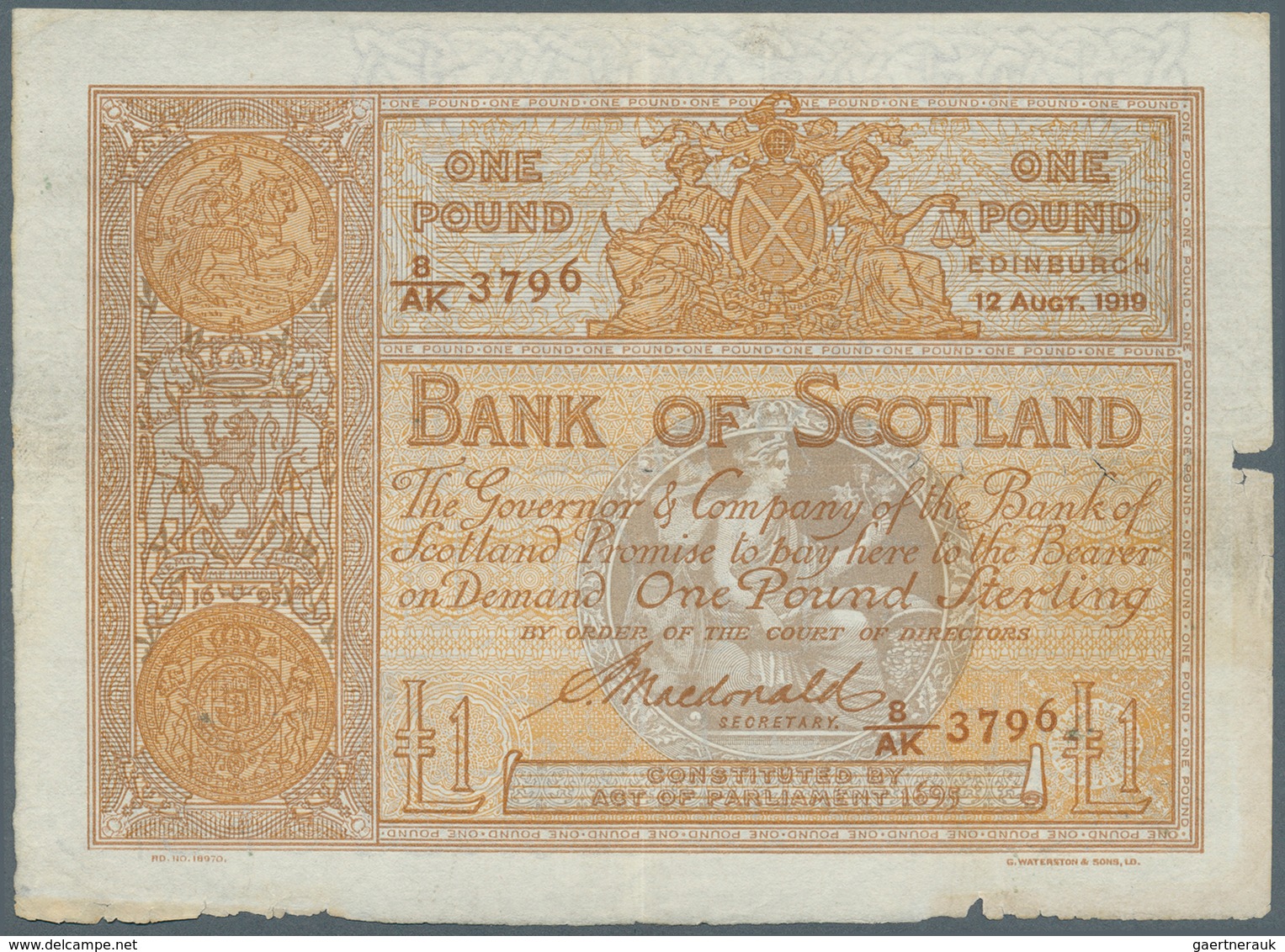 02309 Scotland / Schottland: 1 Pound 1919 P. 81c, Seldom Seen Note, Horizontally And Vertically Folded, Sm - Other & Unclassified