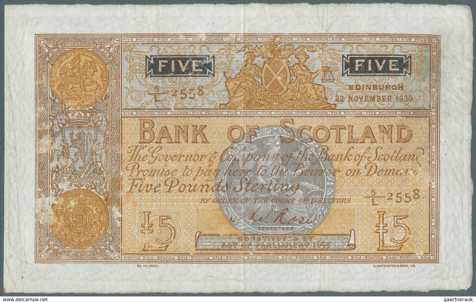 02310 Scotland / Schottland: 5 Pounds 1930 P. 82d, Folded Horizontally And Vertically, Stain Dots At Right - Altri & Non Classificati