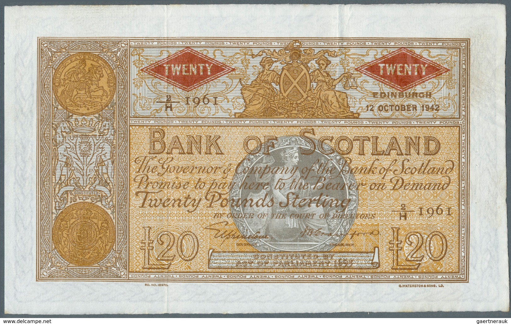 02314 Scotland / Schottland: 20 Pounds 1942 P. 94c, Bank Of Scotland, 2 Vertical And One Horizontal Fold, - Altri & Non Classificati