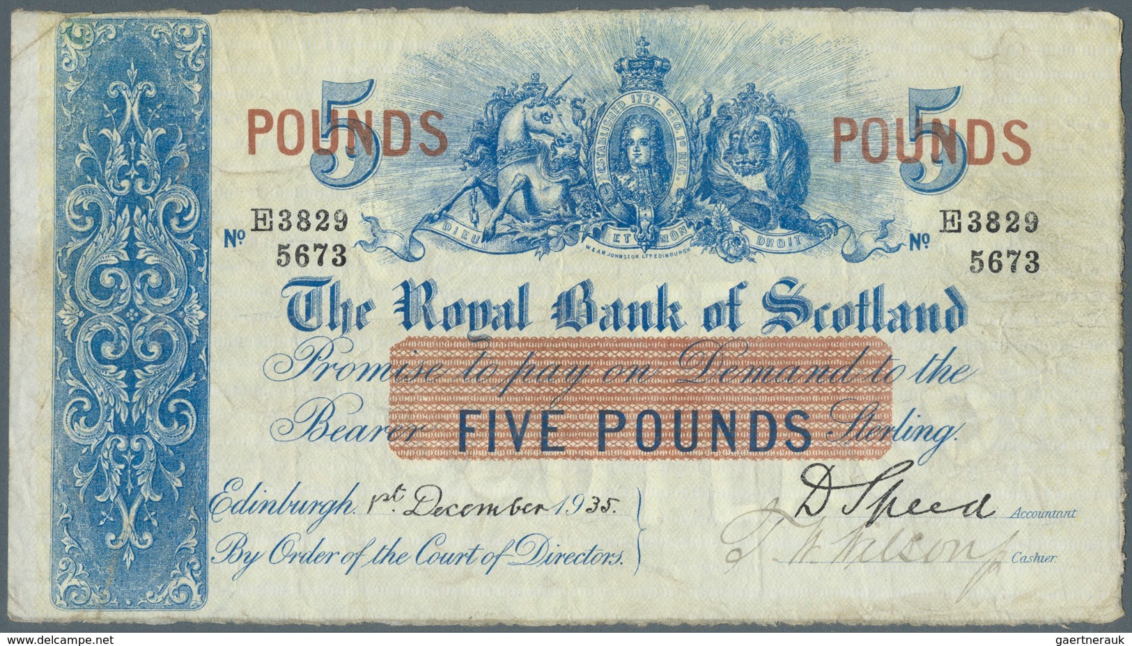 02318 Scotland / Schottland: The Royal Bank Of Scotland 5 Pounds 1935 P. 137b, Used With Vertical And Hori - Altri & Non Classificati