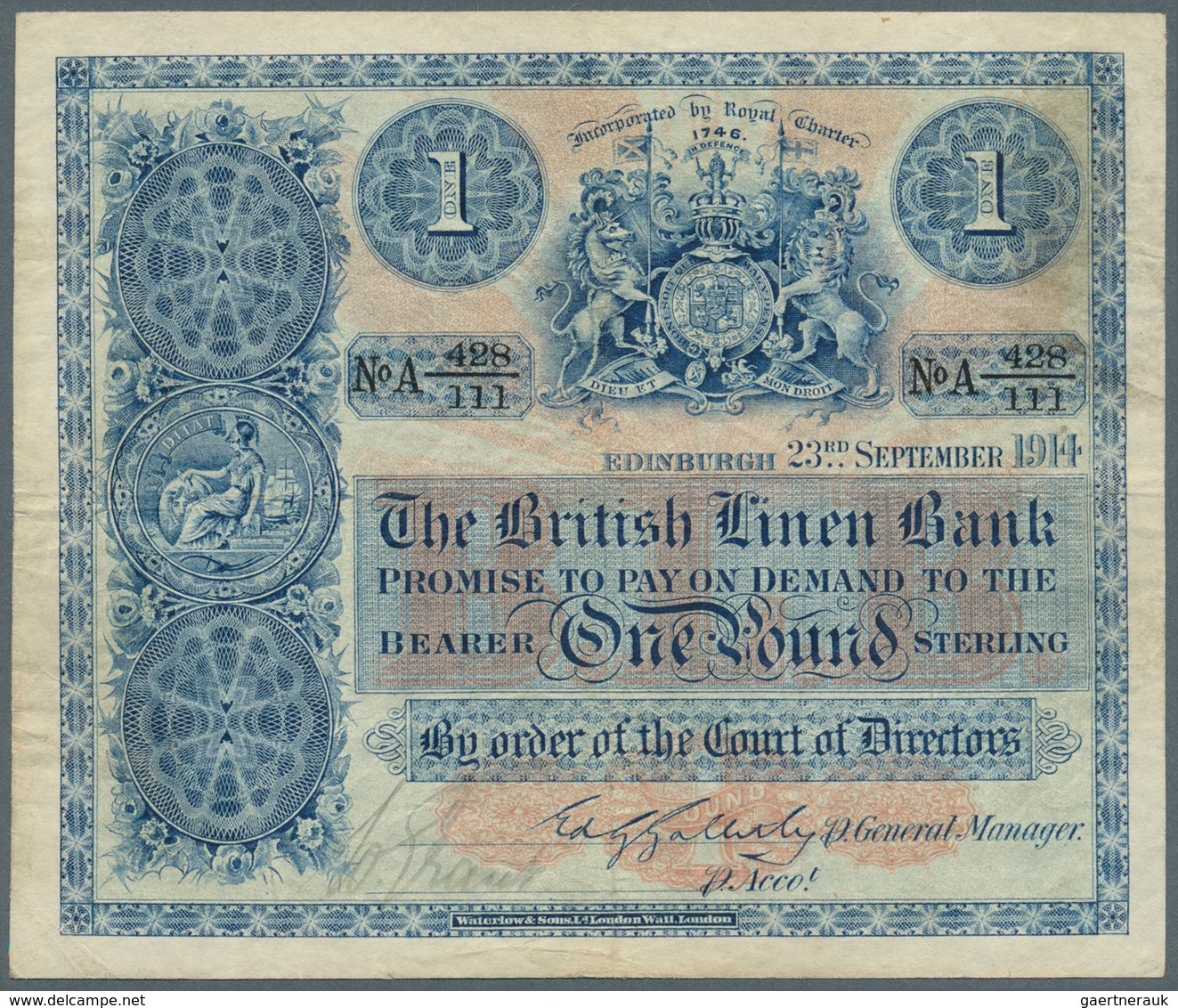 02319 Scotland / Schottland: The British Linen Bank 1 Pound 1914 P. 151a, Early Type, Vertical And Horizon - Altri & Non Classificati