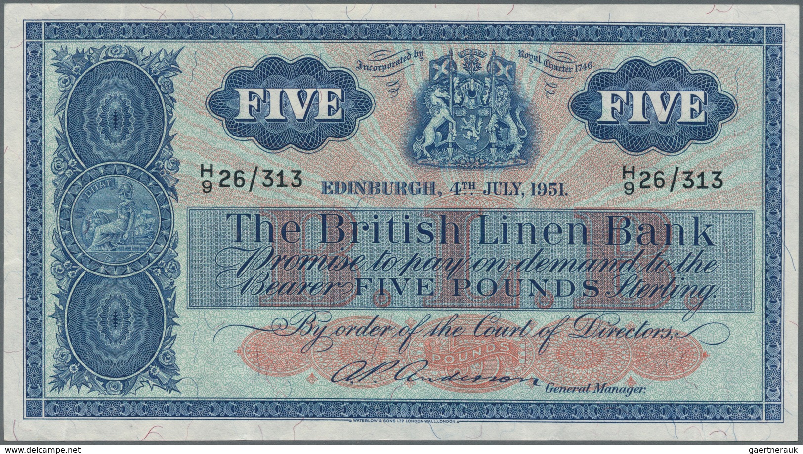 02324 Scotland / Schottland: 5 Pounds 1951 P. 161b, Light Vertical Folds, Otherwise Crisp Original Paper, - Altri & Non Classificati