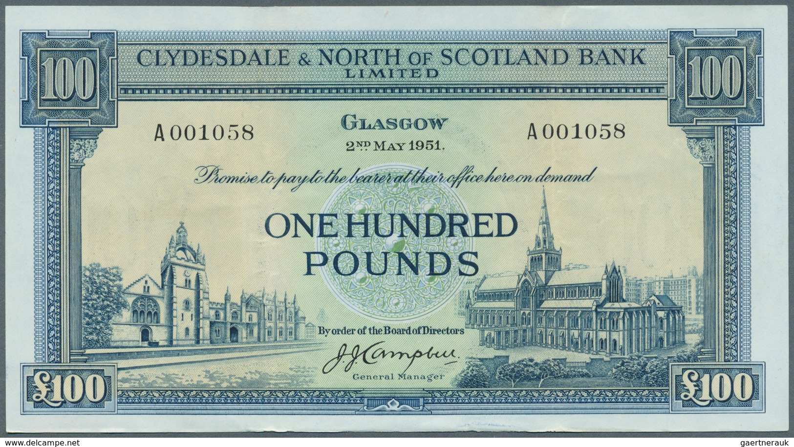 02325 Scotland / Schottland: Clydesdale & North Of Scotland Bank 100 Pounds 1951, Very Rare High Denominat - Other & Unclassified