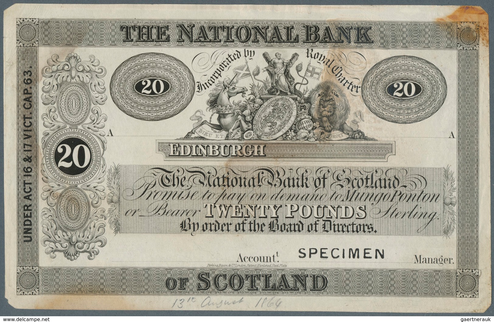 02327 Scotland / Schottland: The National Bank Of Scotland Limited 20 Pounds ND(1862) Proof P. 238p, Stamp - Other & Unclassified