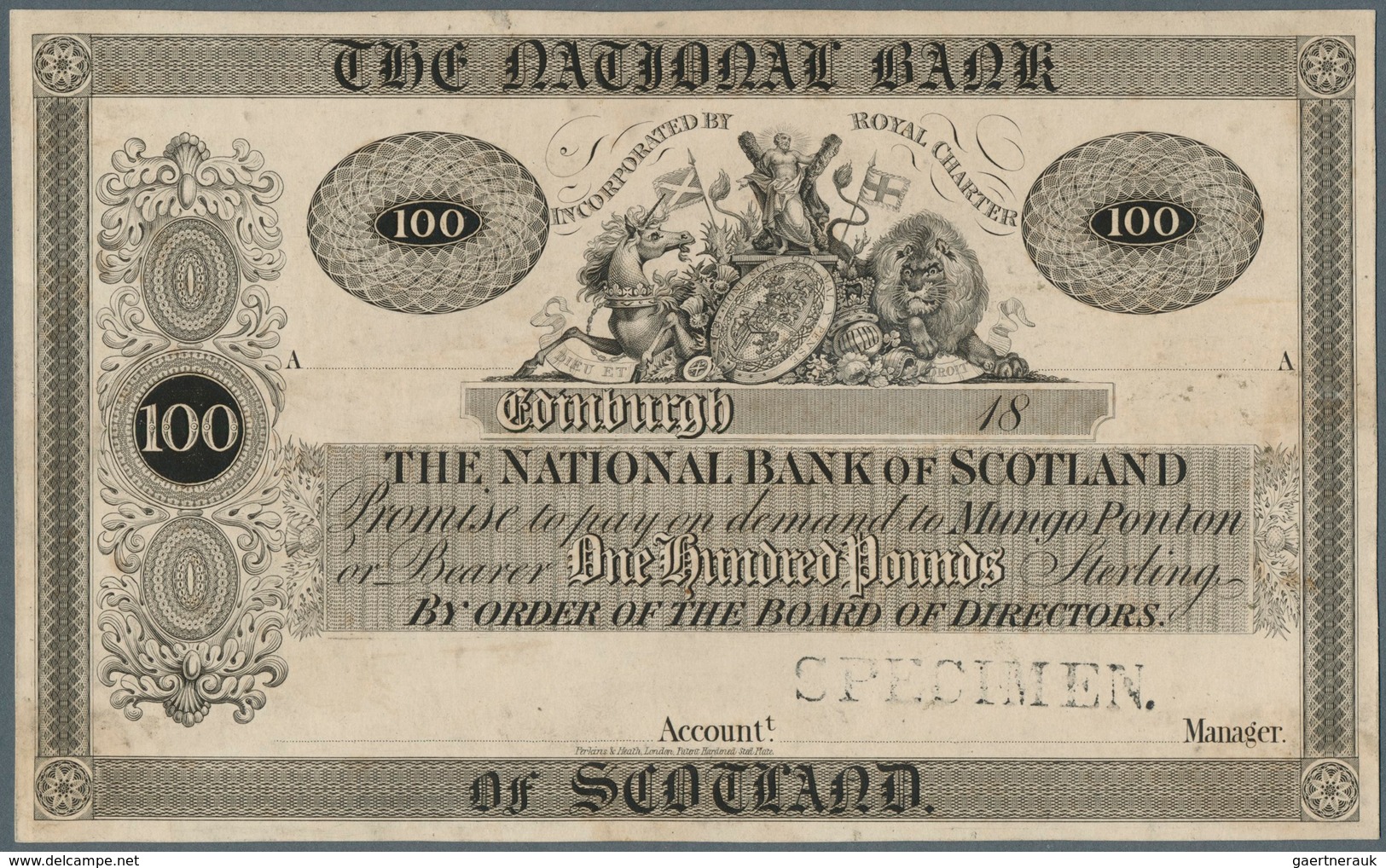 02328 Scotland / Schottland: The National Bank Of Scotland Limited 100 Pounds ND(1862) P. 239p, Proof On C - Otros & Sin Clasificación