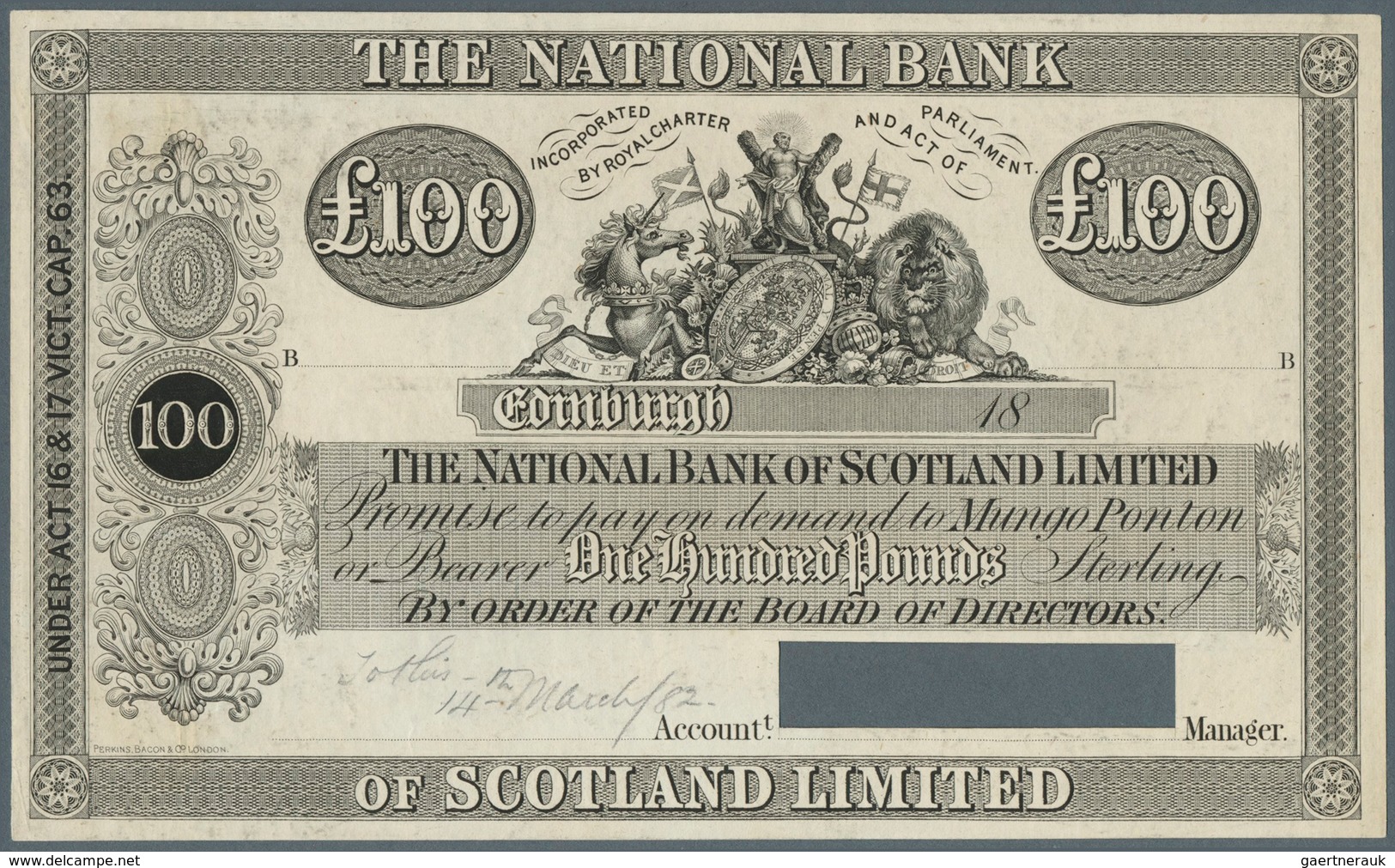02329 Scotland / Schottland: The National Bank Of Scotland Limited 100 Pounds ND(1882) P. 243p, Signature - Andere & Zonder Classificatie