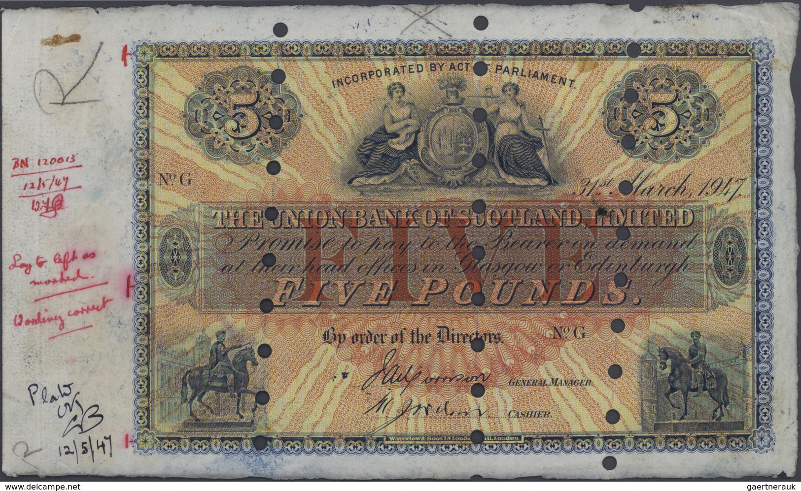 02343 Scotland / Schottland: 5 Pounds 1947 The Union Bank Of Scotland Limited Specimen P. S811s In Conditi - Otros & Sin Clasificación