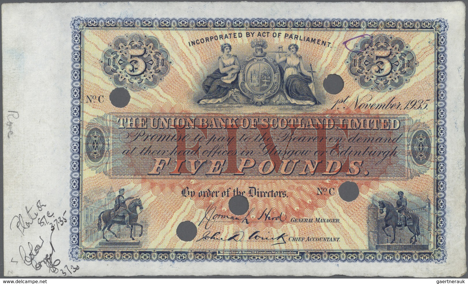 02344 Scotland / Schottland: 5 Pounds 1935 The Union Bank Of Scotland Limited Specimen P. S811s In Conditi - Altri & Non Classificati