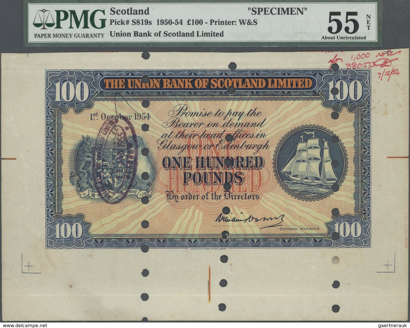 02346 Scotland / Schottland: 100 Pounds 1954 Specimen P. S819s In Condition: PMG Graded 55 AUNC NET. - Altri & Non Classificati