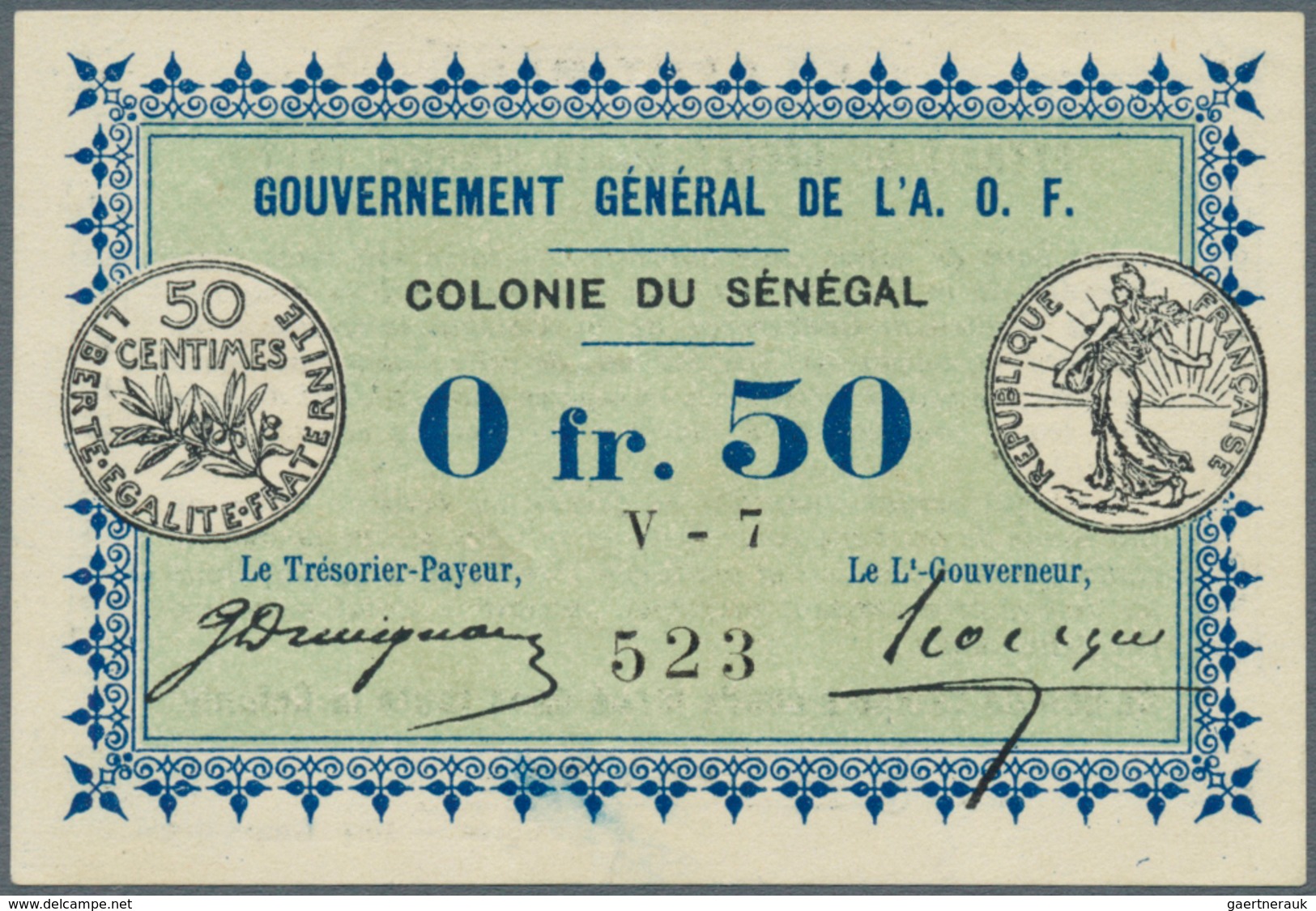 02347 Senegal: 0.50 Francs 1917 P. 1c With Center Fold And Dints In Paper, Condition: VF+. - Senegal