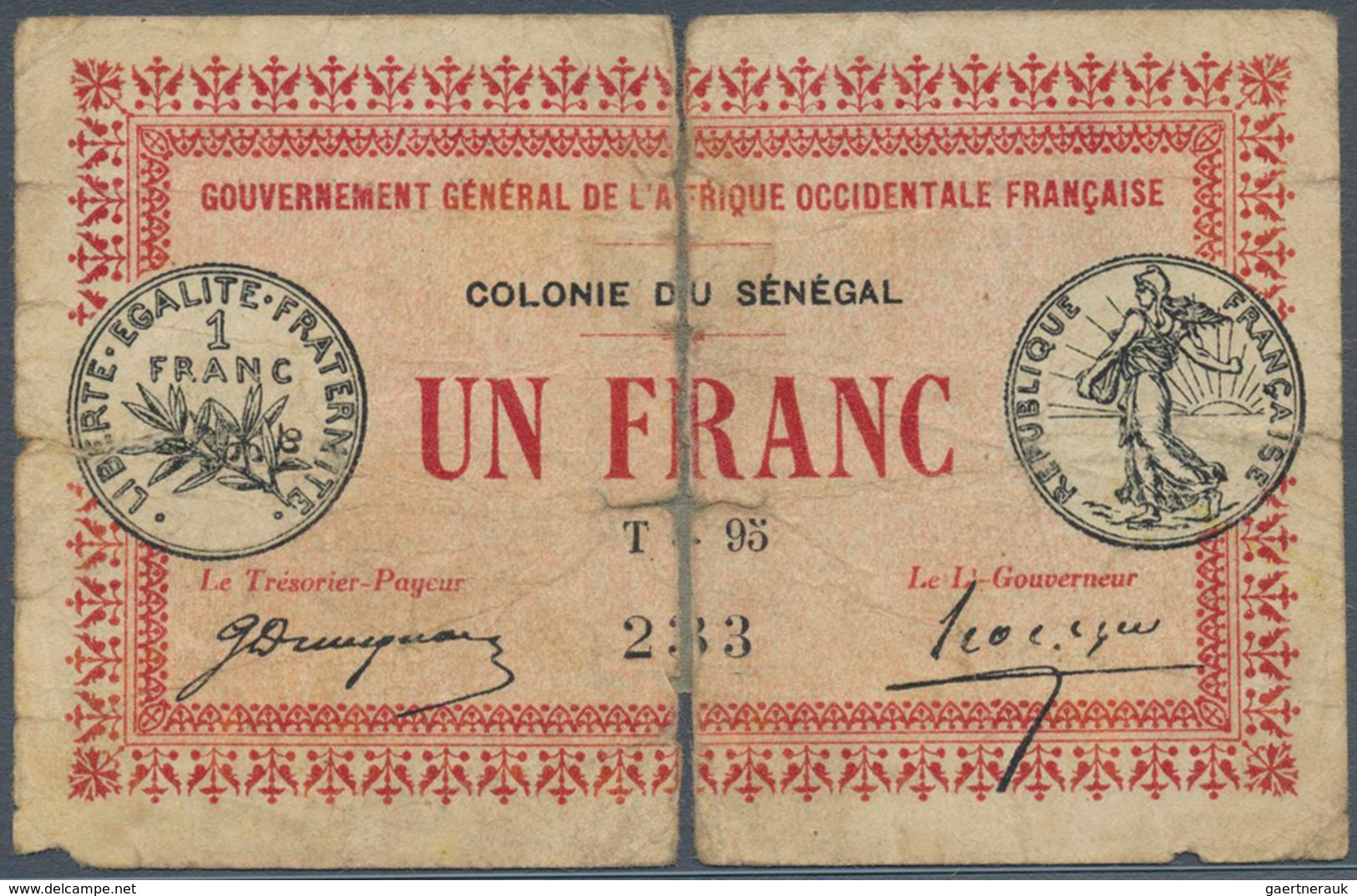 02348 Senegal: Gouvernement Général De L'Afrique Occidentale Française 1 Franc L.11.02.1917, P.2a, Well Wo - Senegal