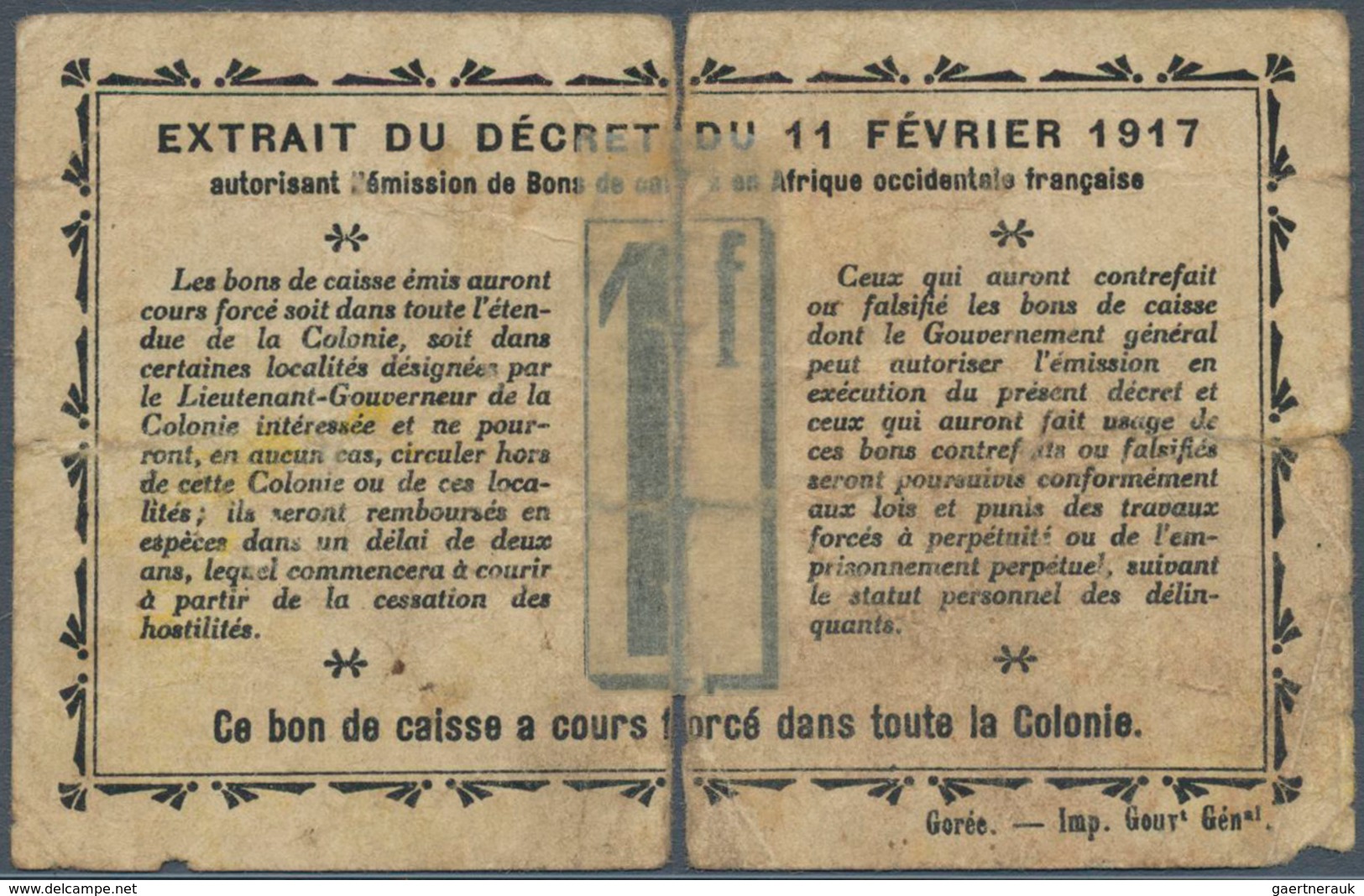 02348 Senegal: Gouvernement Général De L'Afrique Occidentale Française 1 Franc L.11.02.1917, P.2a, Well Wo - Senegal