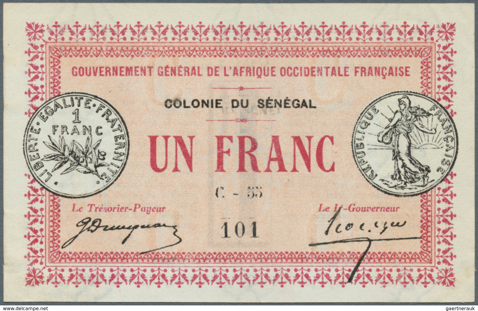 02349 Senegal: 1 Franc 1917 P. 2b, Unfolded But Light Corner Bending, Condition: AUNC. - Senegal