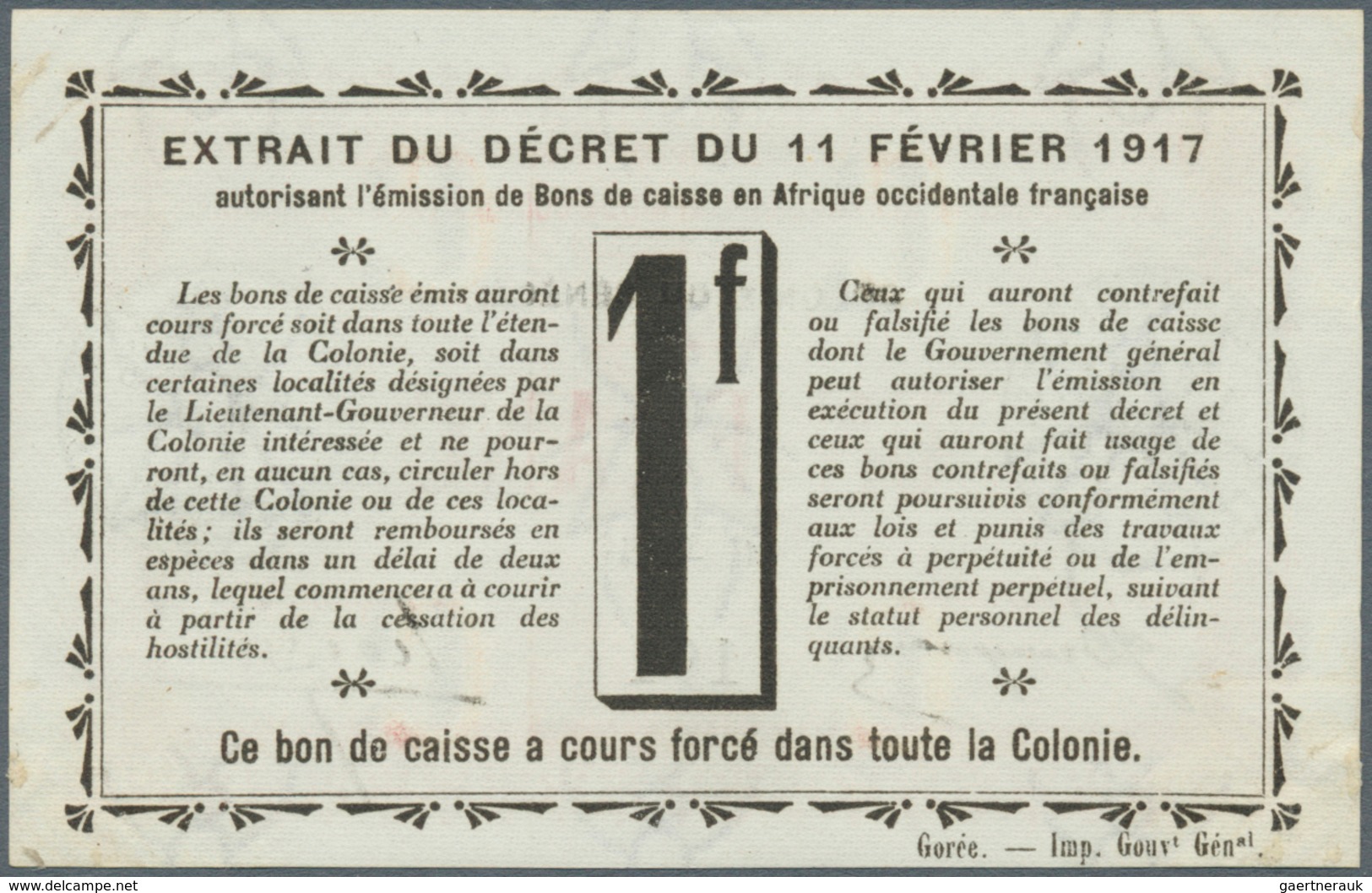 02349 Senegal: 1 Franc 1917 P. 2b, Unfolded But Light Corner Bending, Condition: AUNC. - Senegal