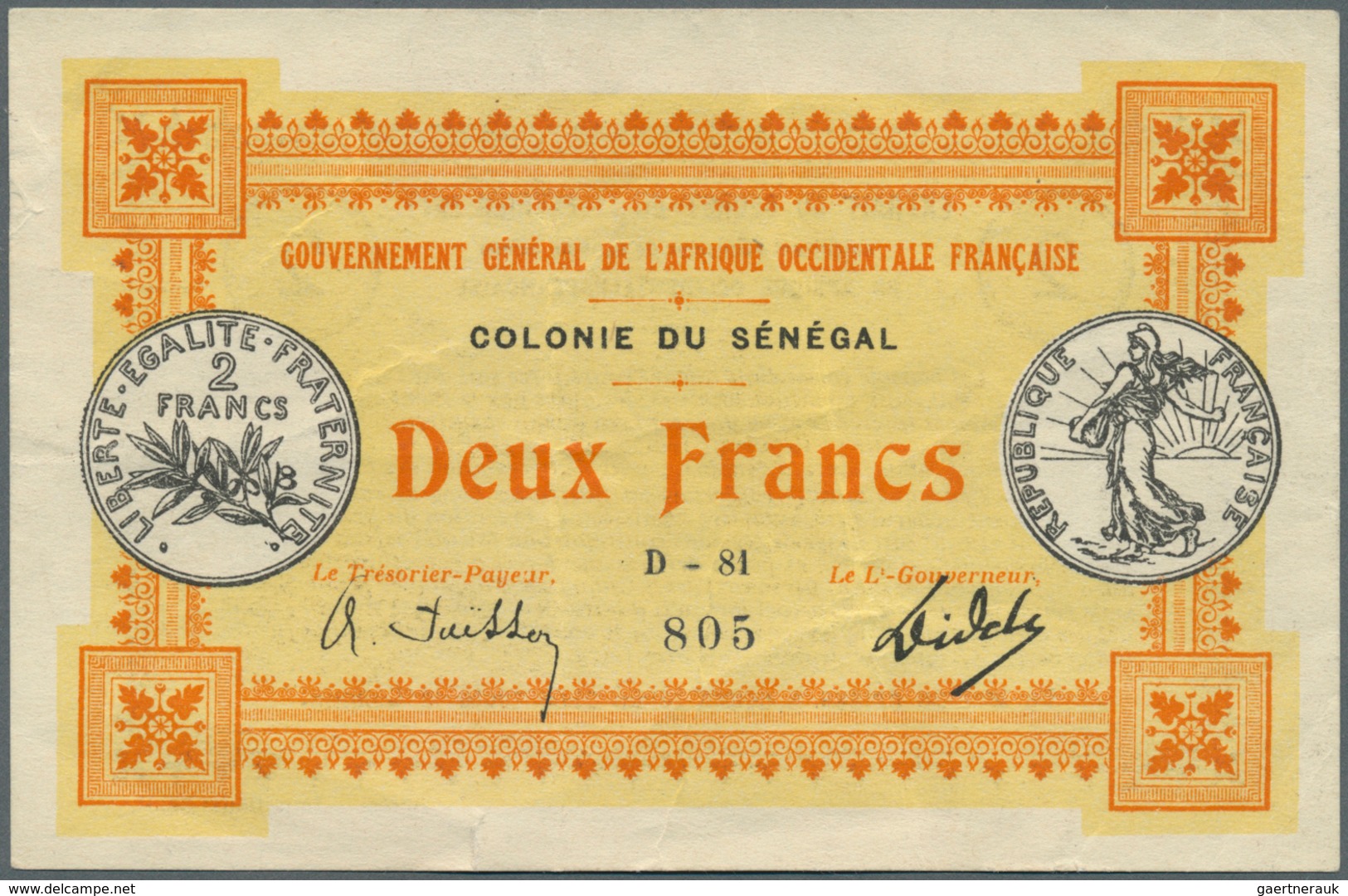 02350 Senegal: Gouvernement Général De L'Afrique Occidentale Française, Colonie Du Senegal 2 Francs L.11.0 - Senegal