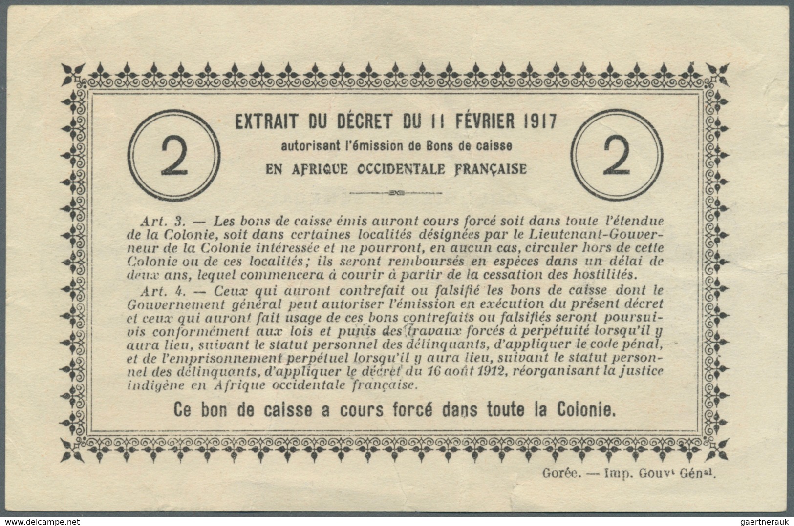 02350 Senegal: Gouvernement Général De L'Afrique Occidentale Française, Colonie Du Senegal 2 Francs L.11.0 - Senegal