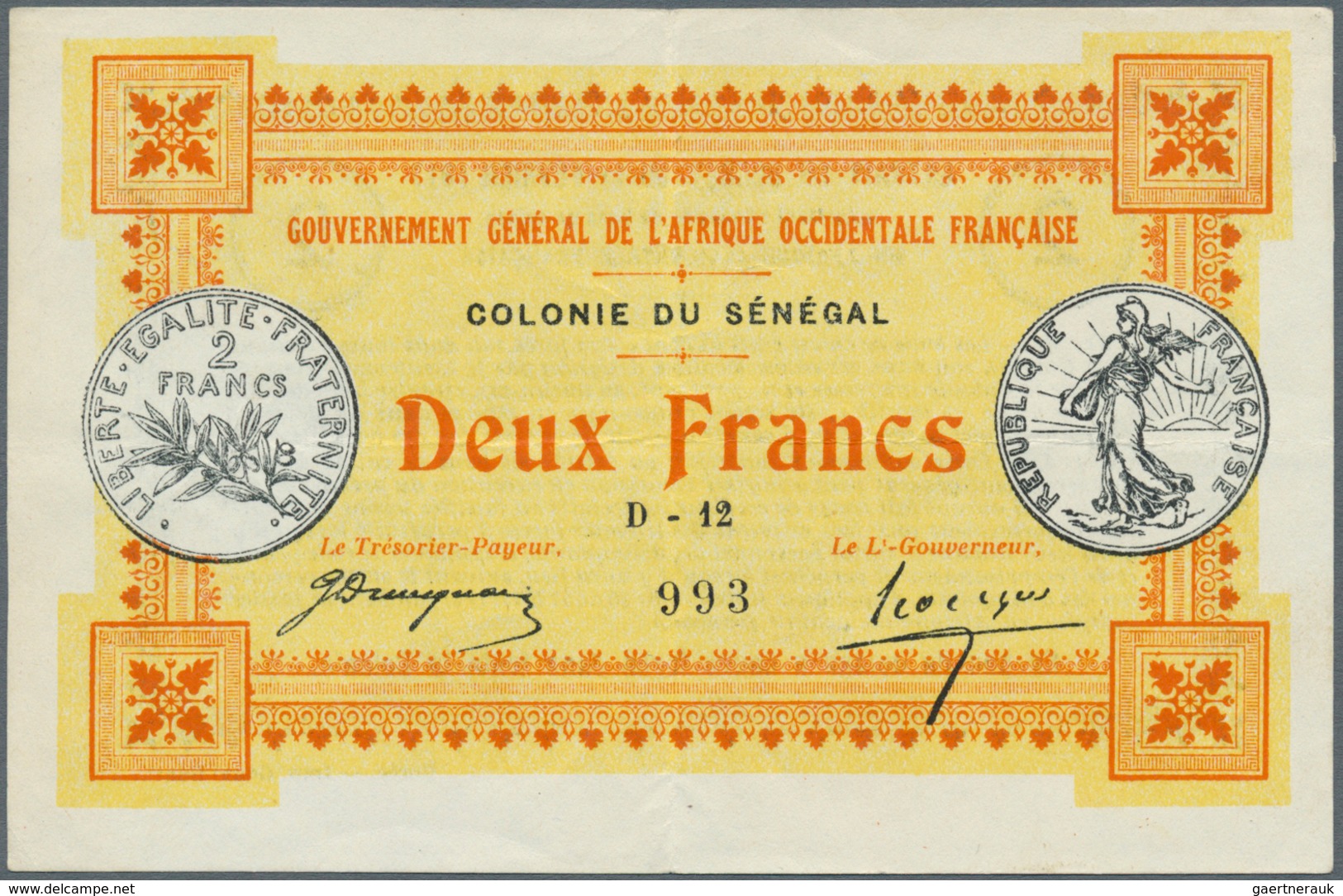 02351 Senegal: 2 Francs 1917 P. 3c, Center And Horizontal Fold, Handling In Paper, No Holes Or Tears, Cris - Sénégal