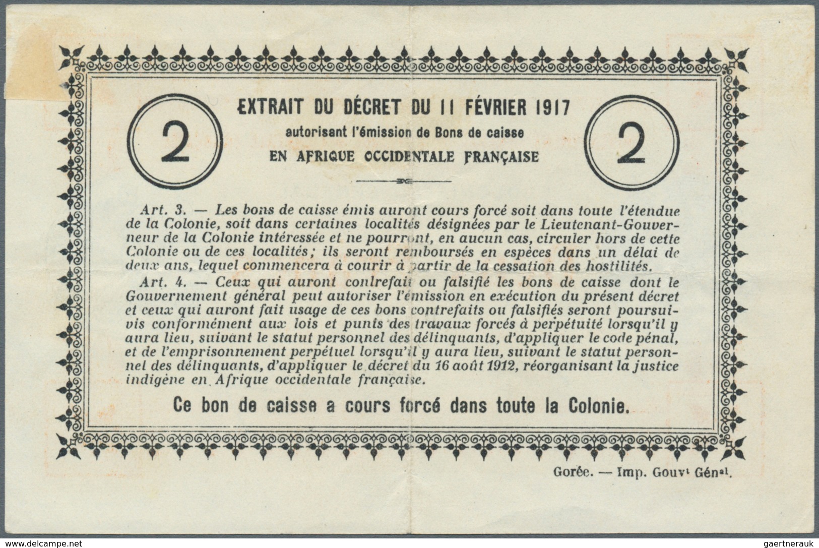 02351 Senegal: 2 Francs 1917 P. 3c, Center And Horizontal Fold, Handling In Paper, No Holes Or Tears, Cris - Senegal