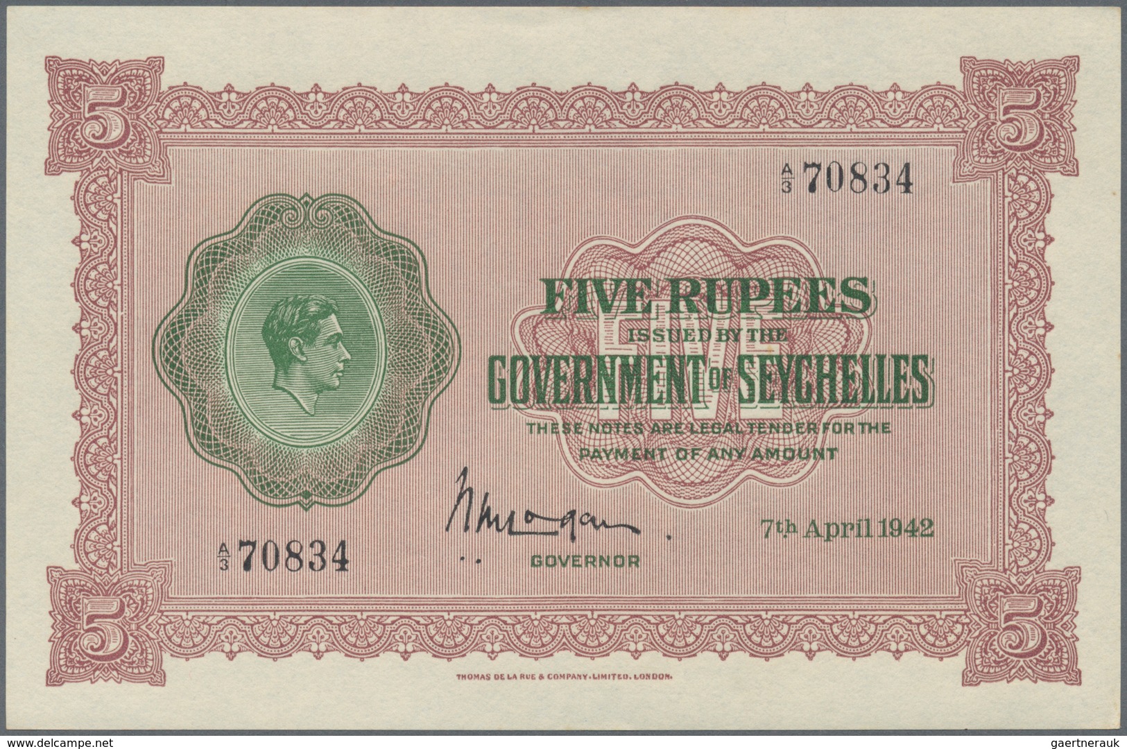 02354 Seychelles / Seychellen: 5 Rupees 1942 KGVI Portrait P. 8 In Exceptional Condition: UNC. - Seychellen