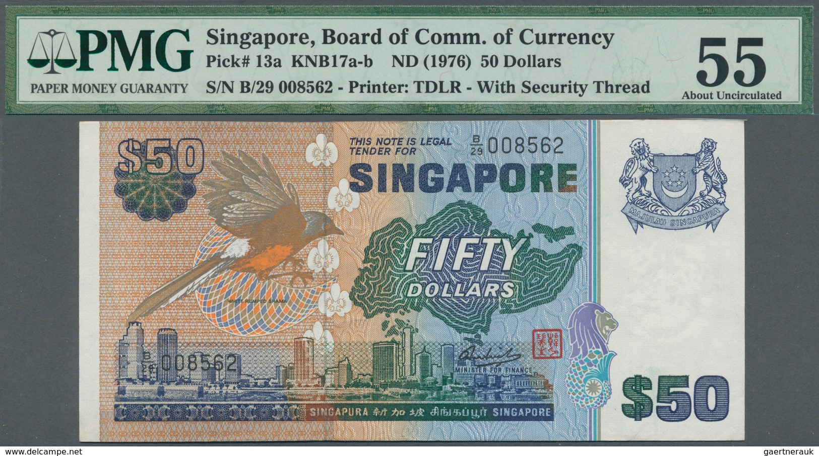 02364 Singapore / Singapur: 50 Dollars ND(1976) P. 13a, Condition: PMG Graded 55 AUNC. - Singapore