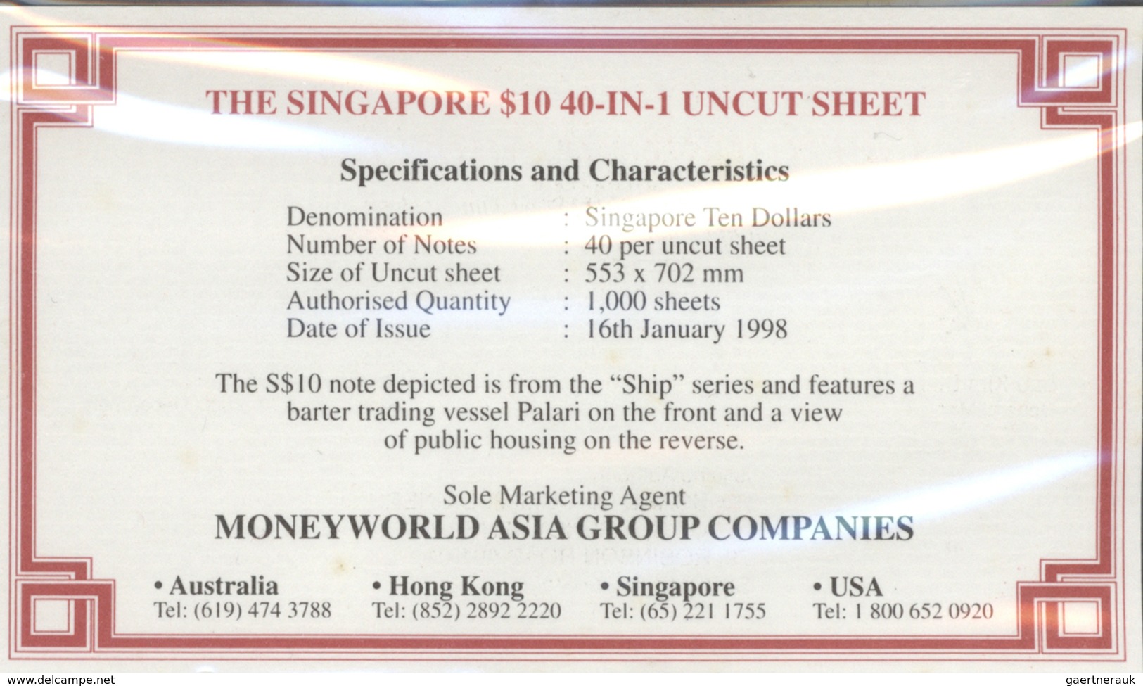 02367 Singapore / Singapur: Uncut Sheet Of 40 Pcs 10 Dollars ND(1988) P. 20 In Condition: UNC. (40 Pcs Unc - Singapur