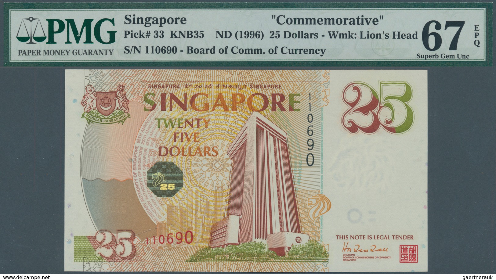 02370 Singapore / Singapur: 25 Dollars ND(1996) P. 33, Condition: PMG Graded 67 Superb Gem UNC EPQ. - Singapur