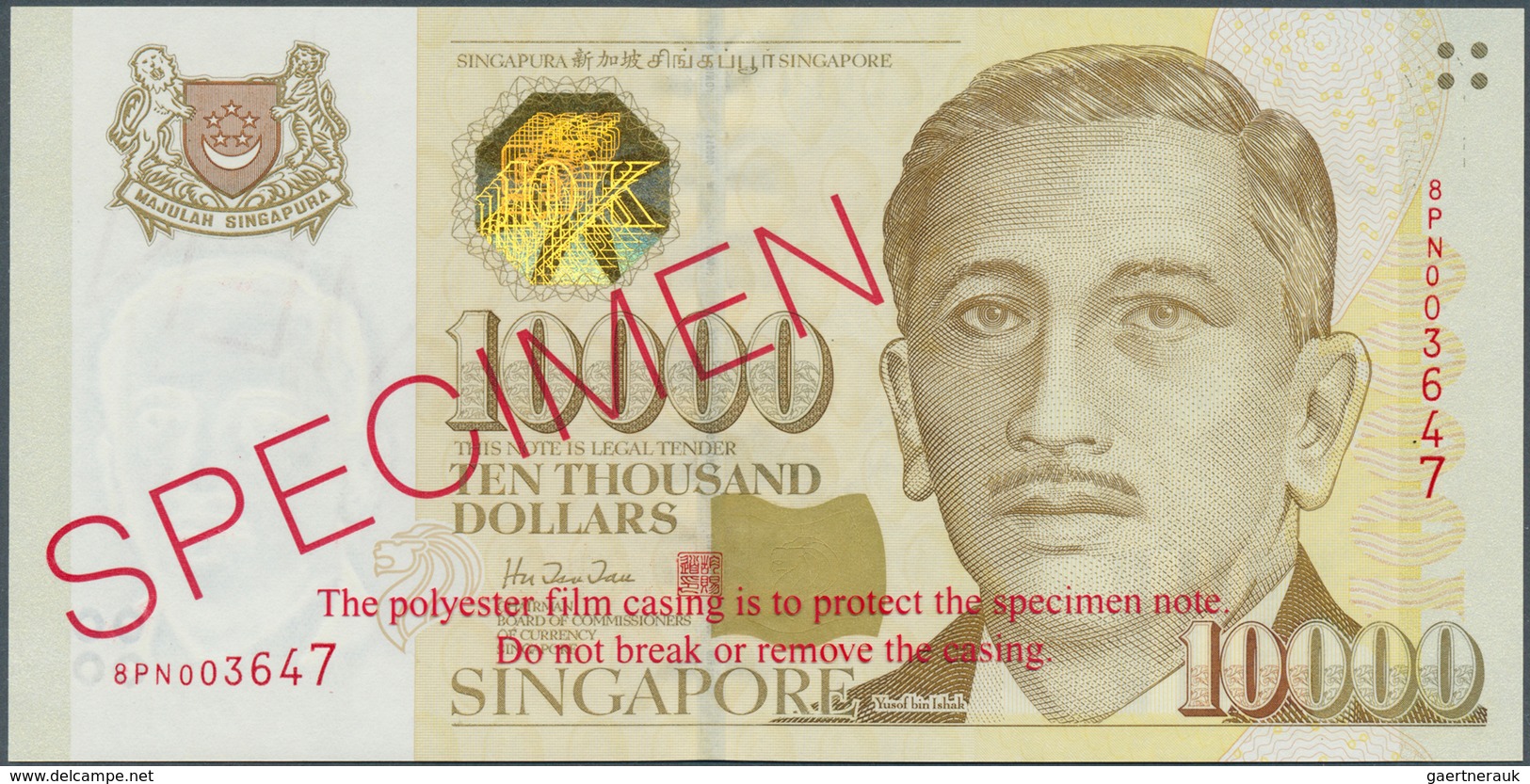 02371 Singapore / Singapur: 10.000 Dollars ND(1999) SPECIMEN, P.44s With The Original Plastic Cover From T - Singapur