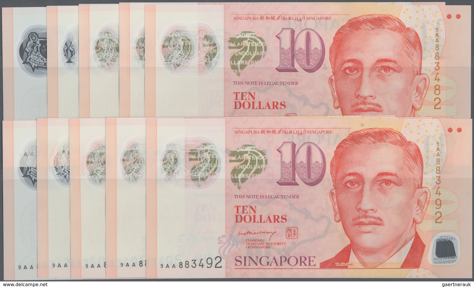 02372 Singapore / Singapur: Set With 10 Banknotes 10 Dollars 2004-2016, P.48a, All With Prefix 9AA In UNC - Singapore