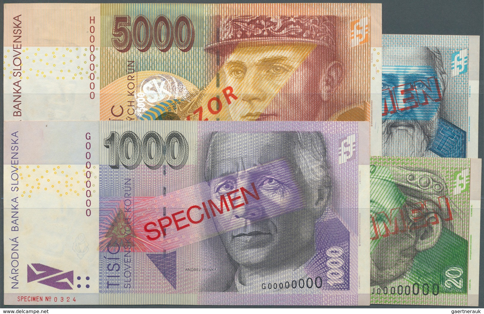 02374 Slovakia / Slovakei: Set Of 4 Specimen Notes Containing 20, 50, 1000 And 5000 Korun 1999 P. 20s, 21s - Slowakije