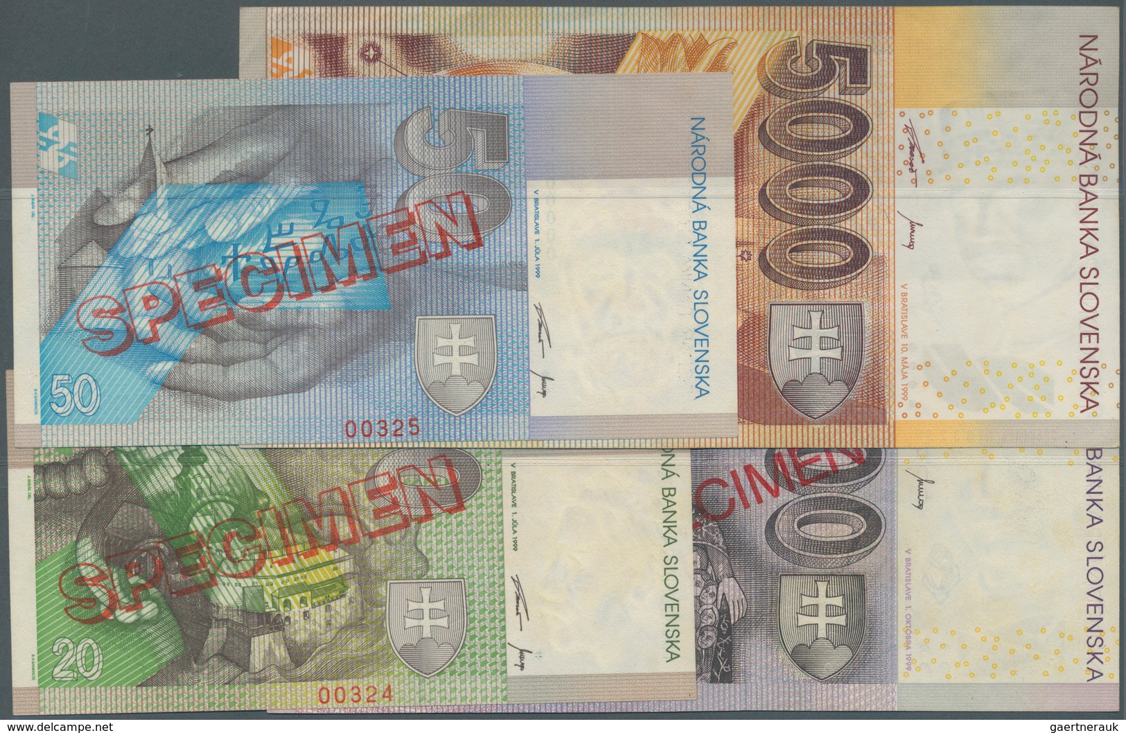 02374 Slovakia / Slovakei: Set Of 4 Specimen Notes Containing 20, 50, 1000 And 5000 Korun 1999 P. 20s, 21s - Slowakije