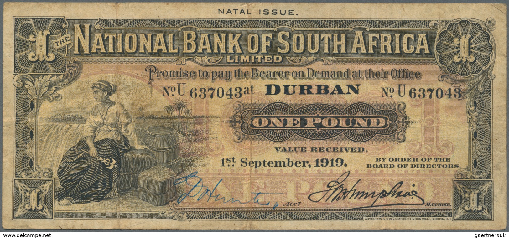 02386 South Africa / Südafrika: Natal Issue Of National Bank Of South Africa, 1 Pound 1919 P. S392, Used W - South Africa