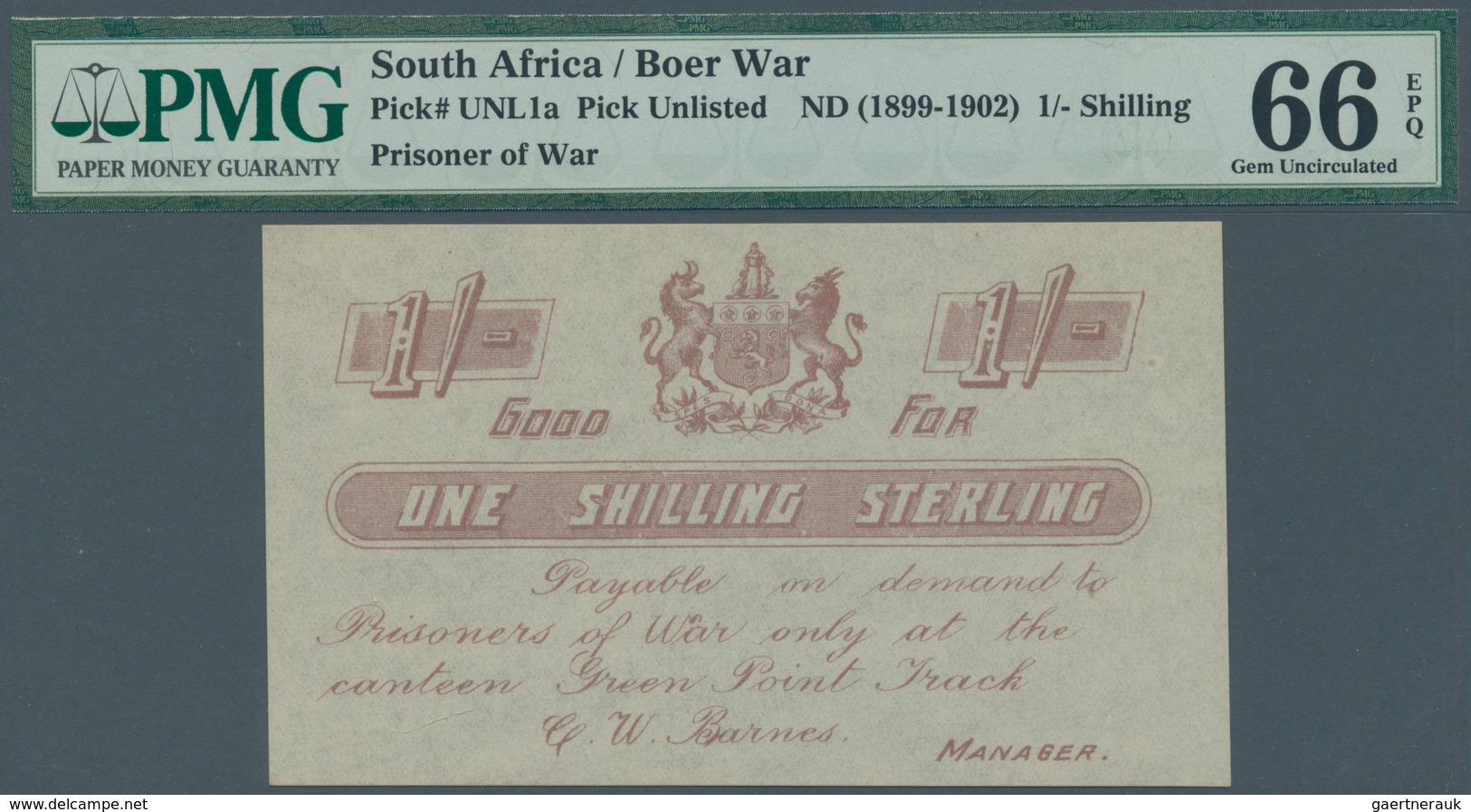 02388 South Africa / Südafrika: Boer War 1 Shilling ND(1899-1902) P. NL, Condition: PMG Graded 66 GEM UNC - Suráfrica