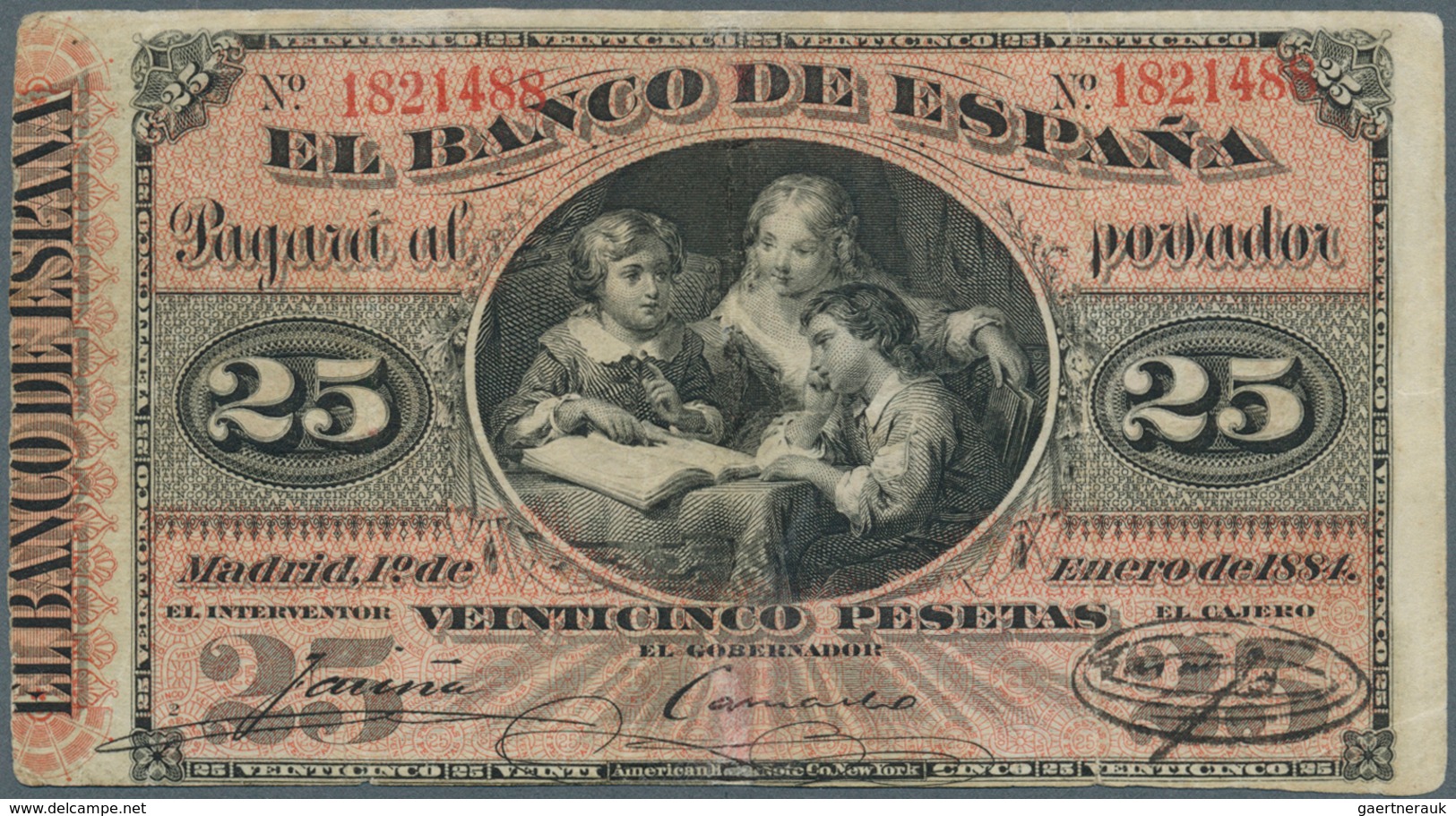 02394 Spain / Spanien: 25 Pesetas 1884 P. 24, Rare Note, Horizontal And Vertical Folds, Seems To Have Tiny - Andere & Zonder Classificatie