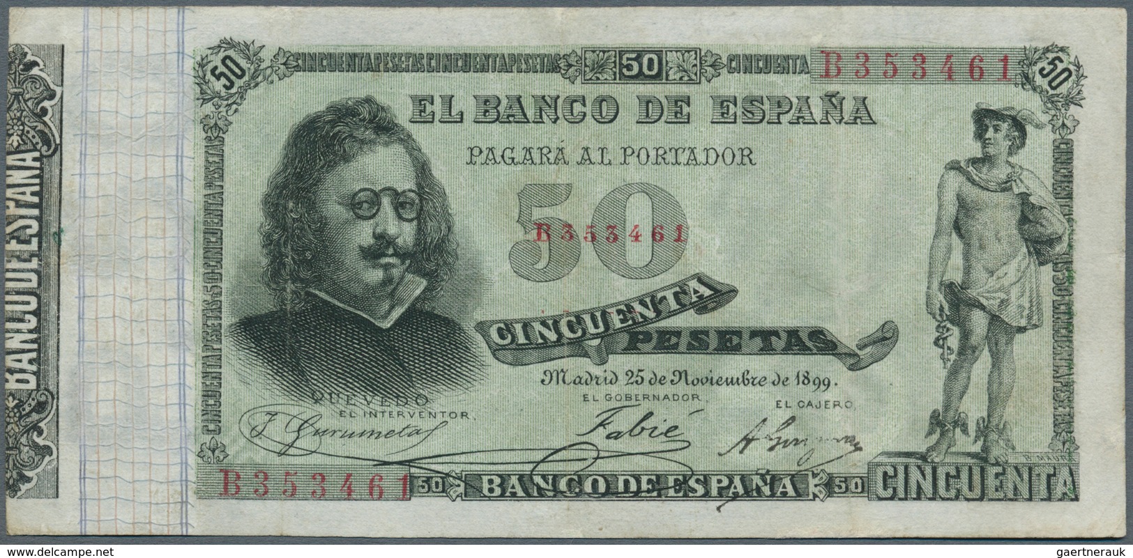 02399 Spain / Spanien: 50 Pesetas 1899 P. 50, 3 Vertical Folds, One Tiny Repair At Upper Border, Probably - Andere & Zonder Classificatie