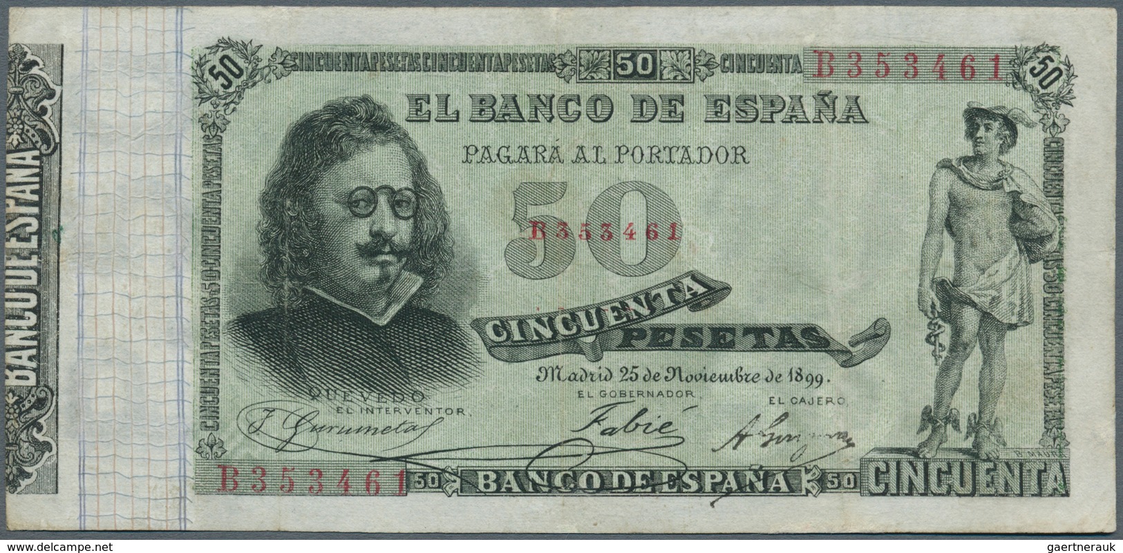 02399 Spain / Spanien: 50 Pesetas 1899 P. 50, 3 Vertical Folds, One Tiny Repair At Upper Border, Probably - Otros & Sin Clasificación