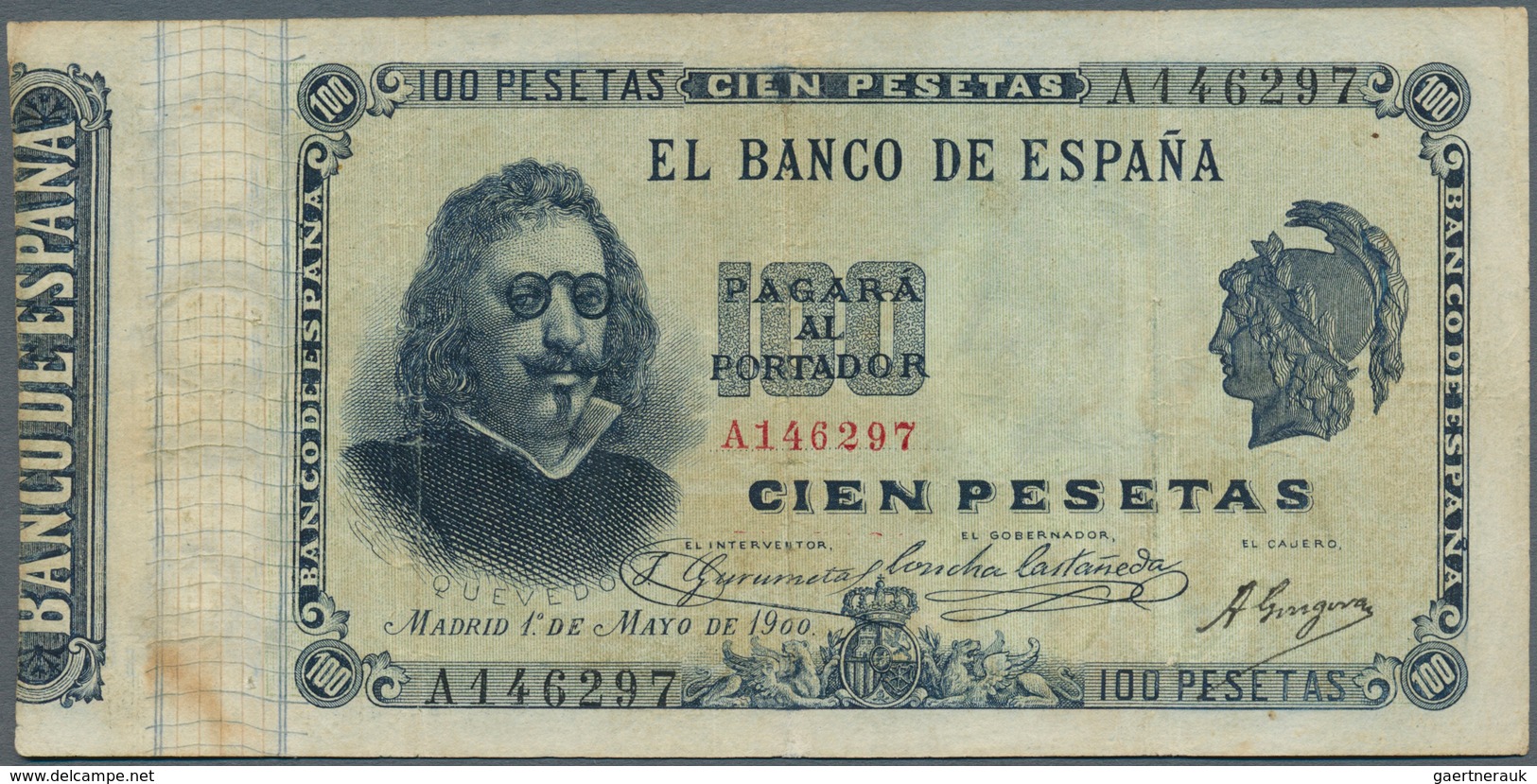 02400 Spain / Spanien: 100 Pesetar 1900 P. 51a, Rare Banknote, 3 Vertical Folds, One Tiny Stabilization An - Andere & Zonder Classificatie