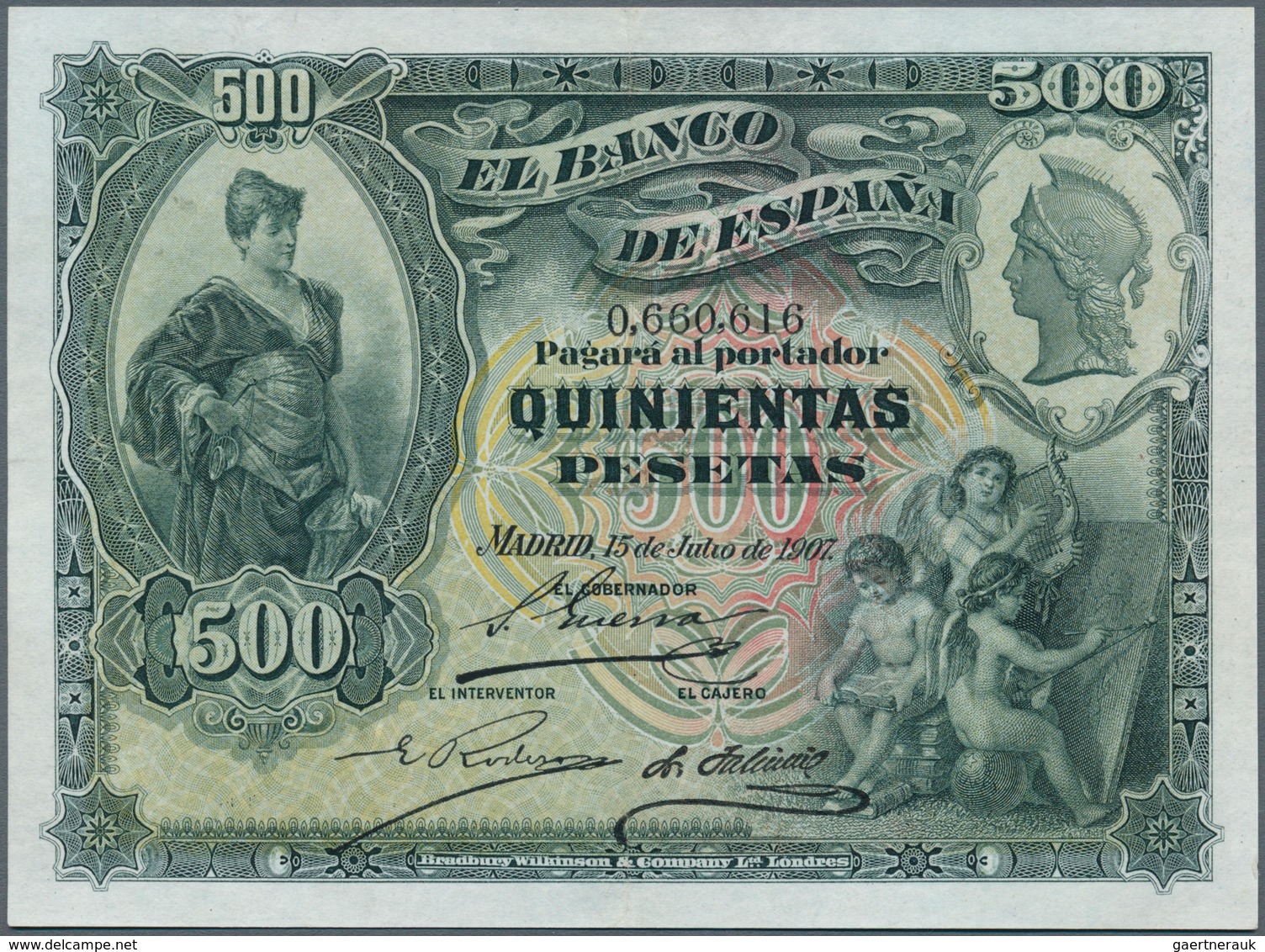 02403 Spain / Spanien: 500 Pesetas 1907 P. 65a, Seldom Seen Note, Center Fold, Pressed, Tiny Restaurations - Otros & Sin Clasificación
