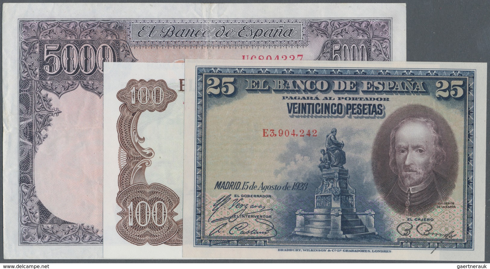 02405 Spain / Spanien: Set Of 3 Notes Containing 25 Pesetas 1928 (UNC), 500 Pesetas 1976 (F-) And 100 Pese - Andere & Zonder Classificatie