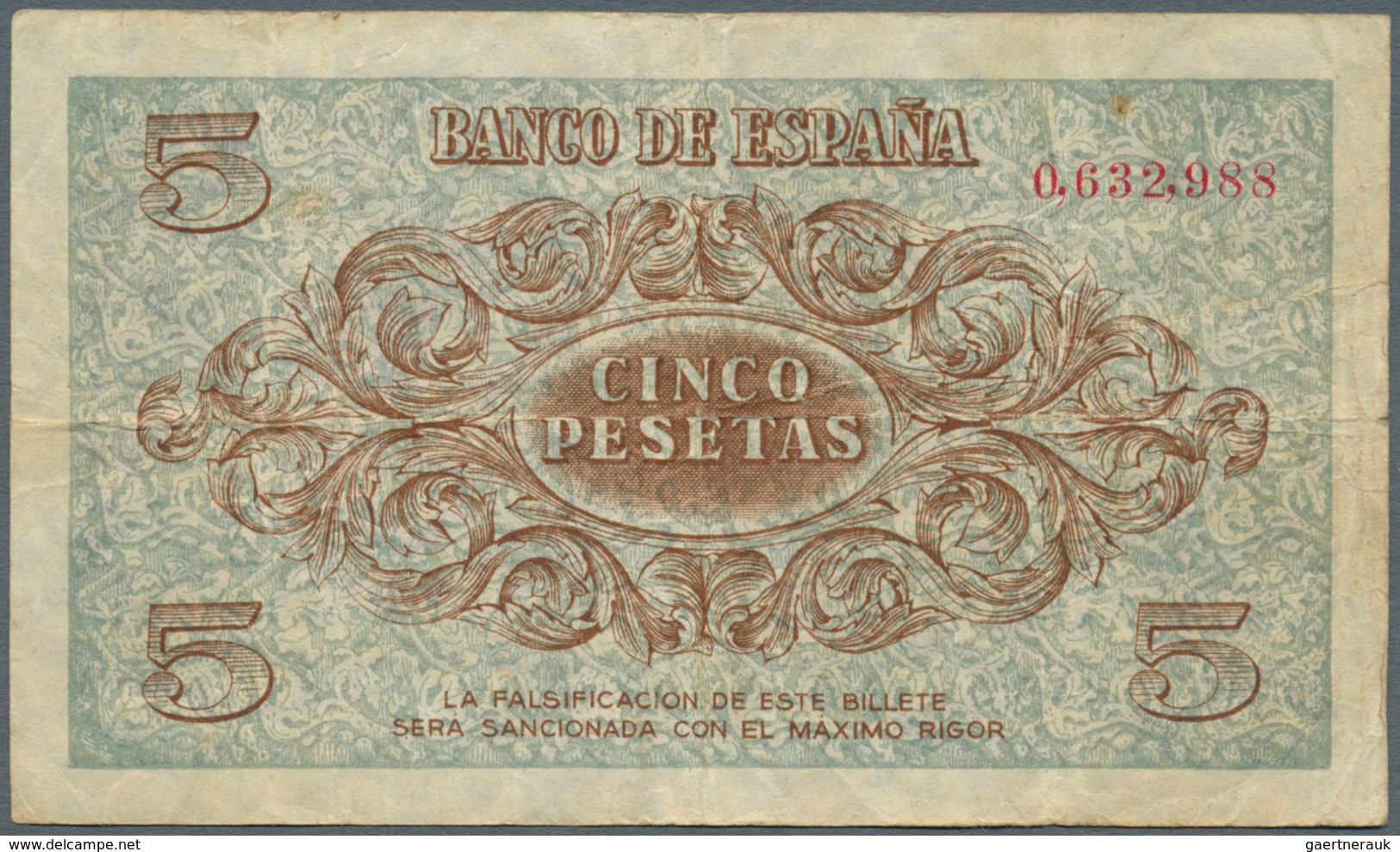 02407 Spain / Spanien: 5 Pesetas 1936 P. 97a, Vertical And Horizontal Folds, No Holes Or Tears, Still Stro - Altri & Non Classificati