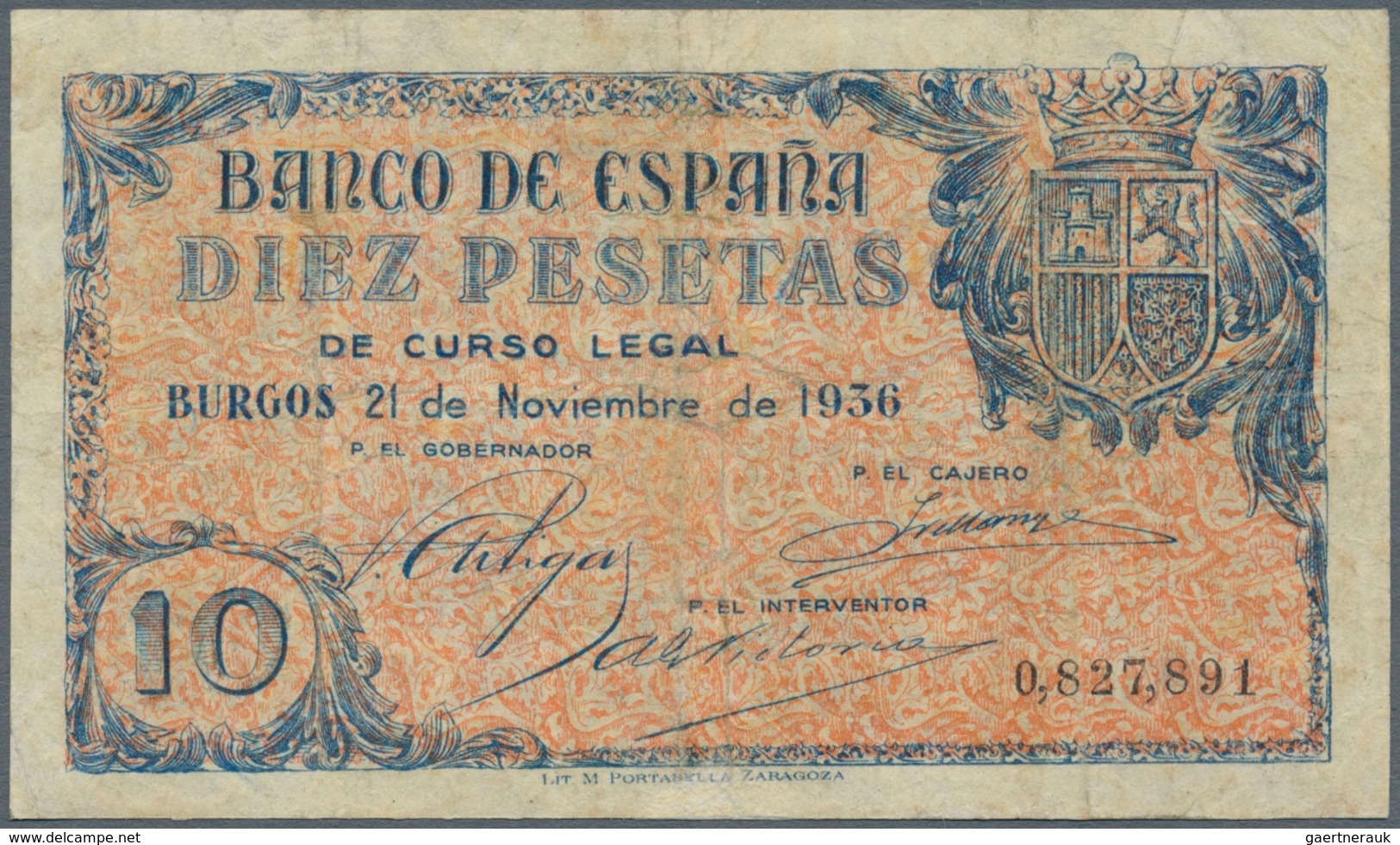 02408 Spain / Spanien: 10 Pesetas 1936 P. 98a, Vertical And Horizontal Folds, Small Restoration At Upper A - Andere & Zonder Classificatie