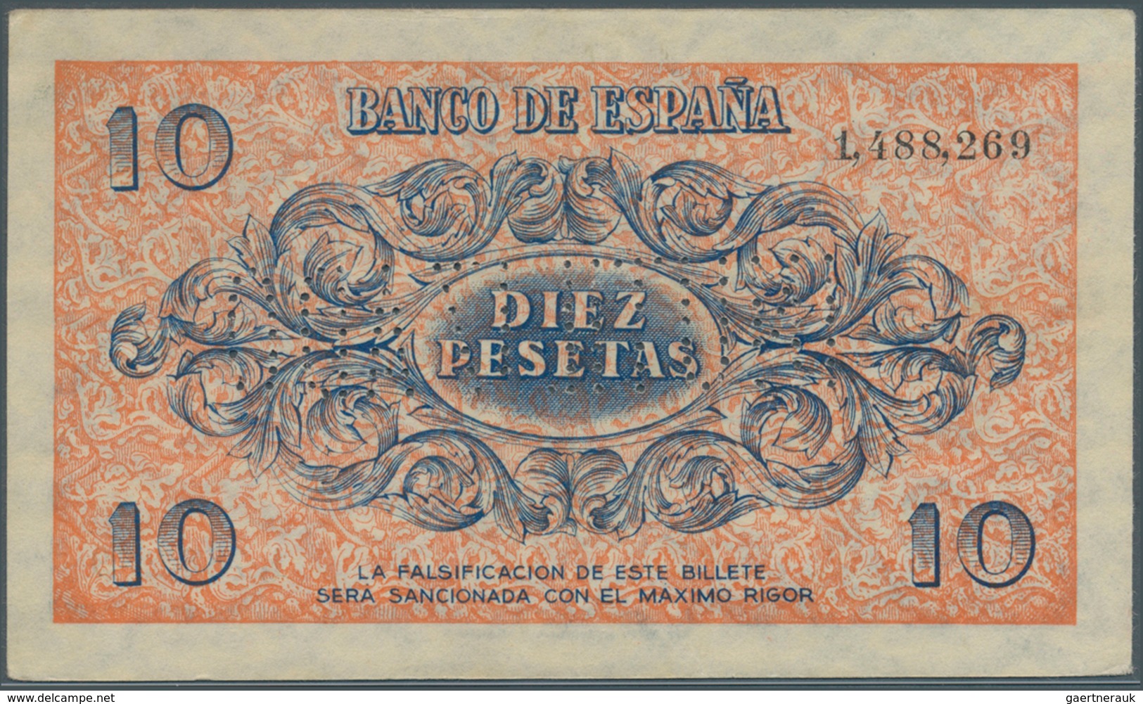 02409 Spain / Spanien: 10 Pesetas 1936 With Cancellation "inutilizado", Regular Serial Number, P. 98s, Lig - Otros & Sin Clasificación