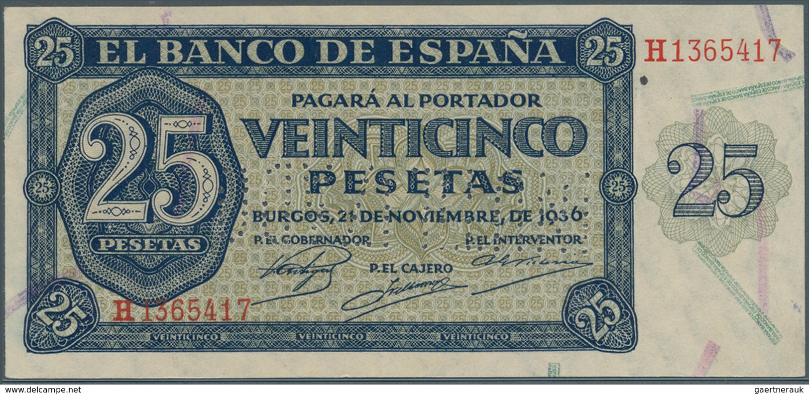 02410 Spain / Spanien: 25 Pesetas 1936 With Cancellation "inutilizado", Regular Serial Number, P. 99s, One - Other & Unclassified